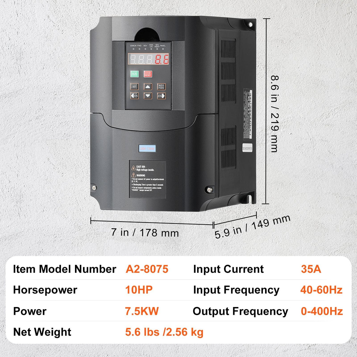 VFD 10HP, 7.5KW, 35A, 1 or 3 Phase 220V Input to 3 Phase 220V Output Variable Frequency Drive, 40-60Hz Input, 0-400Hz Output VFD for Spindle Motor CNC Speed Control