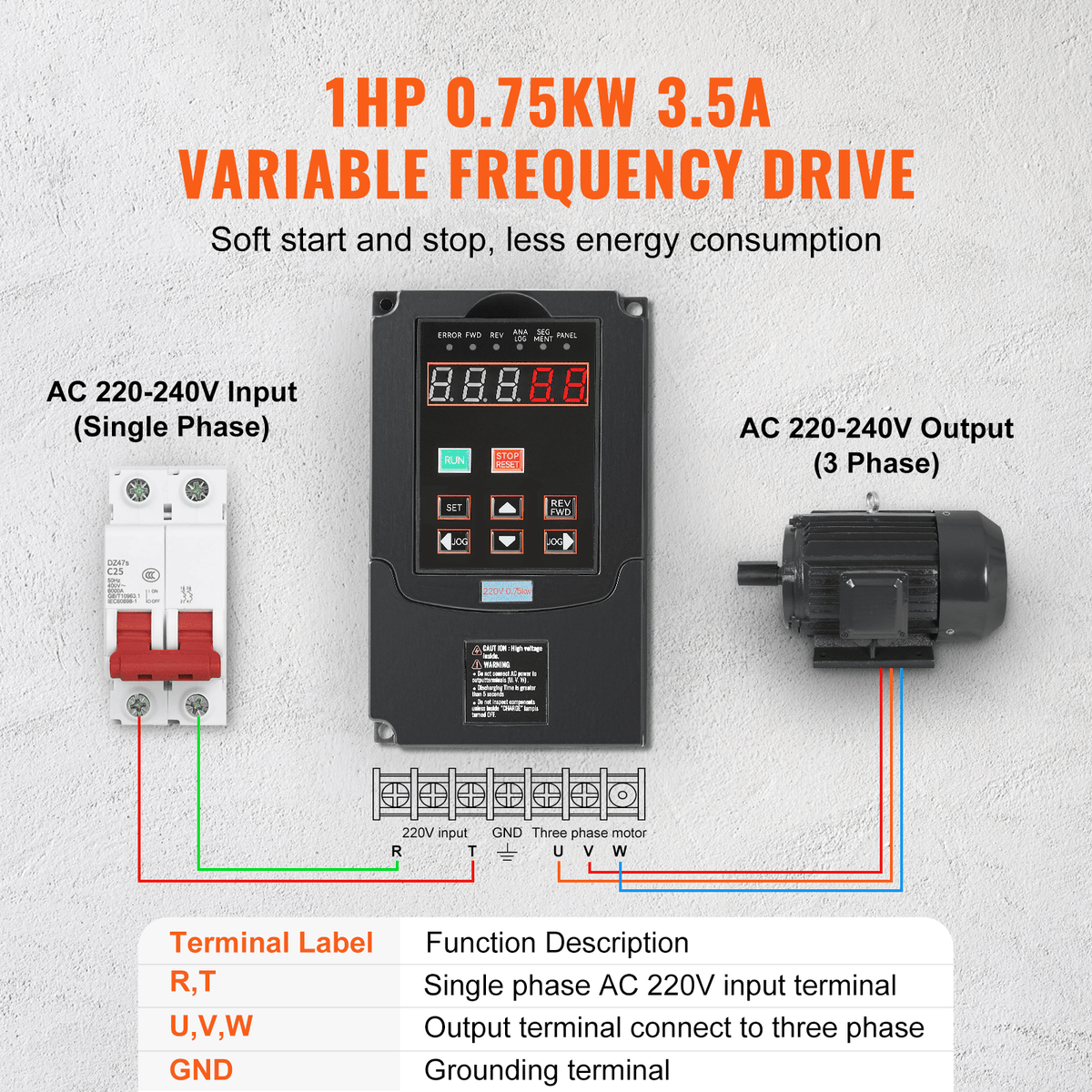VFD 1HP, 0.75KW, 3.5A, 1 or 3 Phase 220V Input to 3 Phase 220V Output Variable Frequency Drive, 40-60Hz Input, 0-400Hz Output VFD for Spindle Motor CNC Speed Control