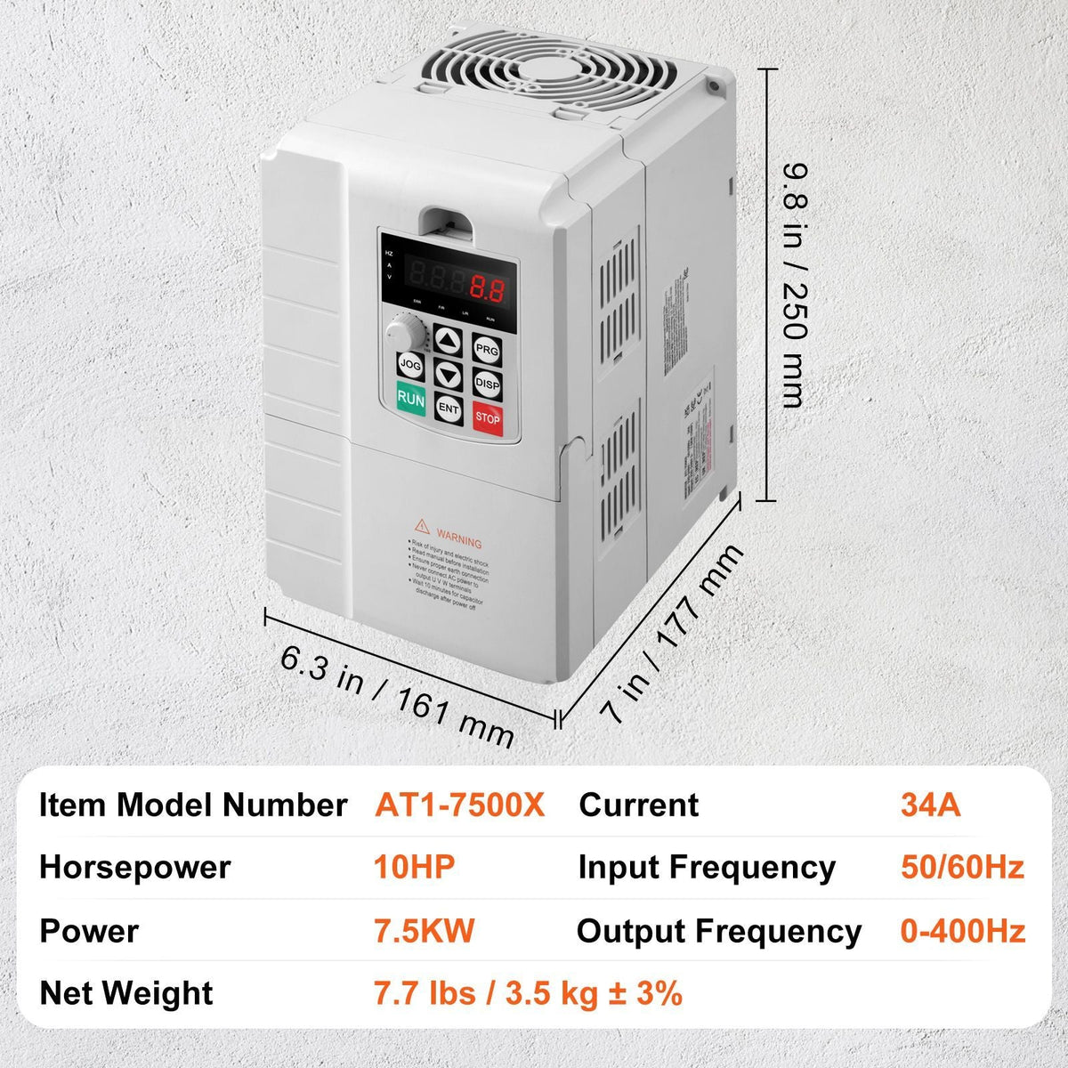 VFD 7.5KW, 34A, 10HP Variable Frequency Drive for 3-Phase Motor Speed Control