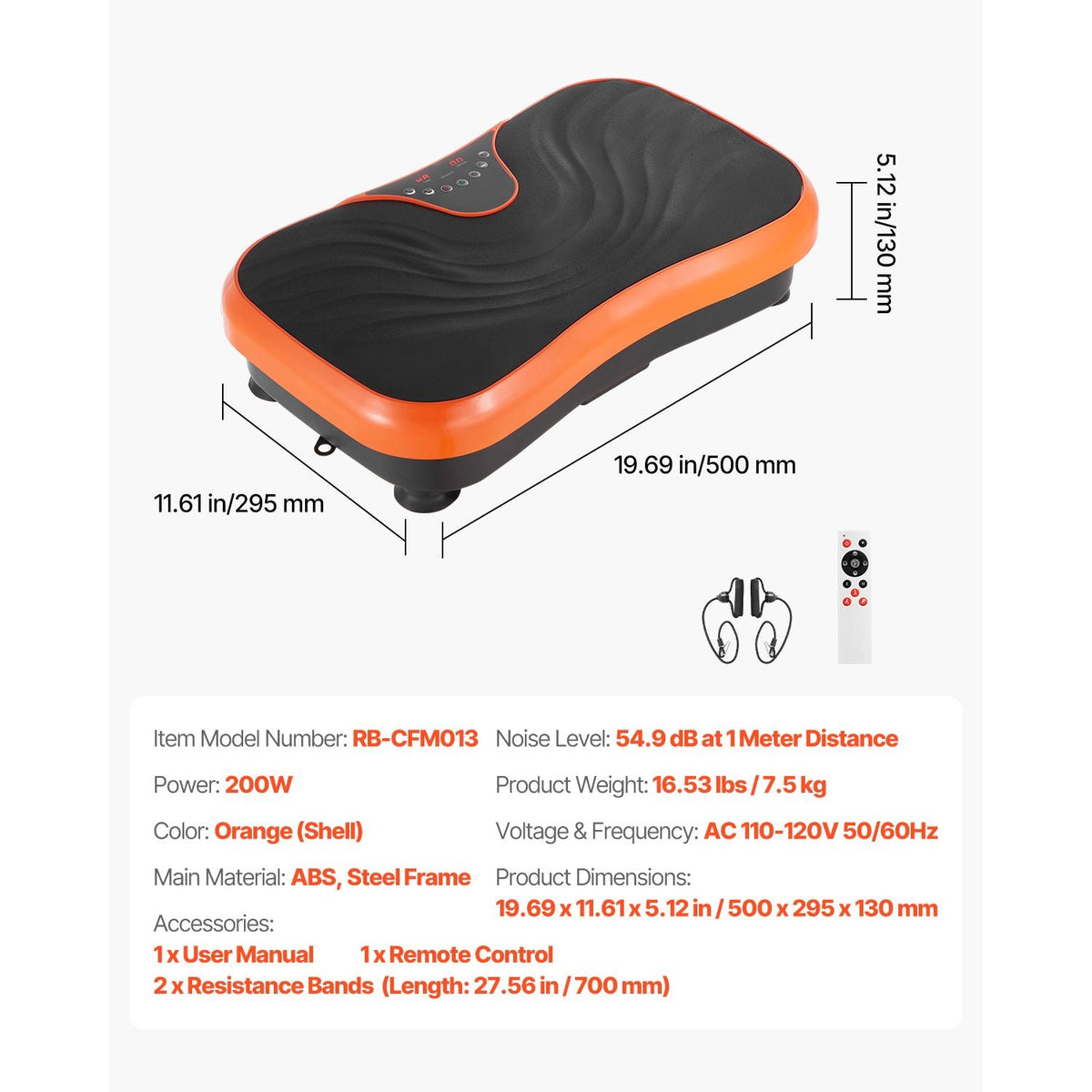 Vibration Plate Exercise Machine, Whole Body Vibrating Platform for Lymphatic Drainage and Weight Loss, Home Workout Fitness Equipment with 2 Resistance Bands, Body Shaker for Women Men, Orange