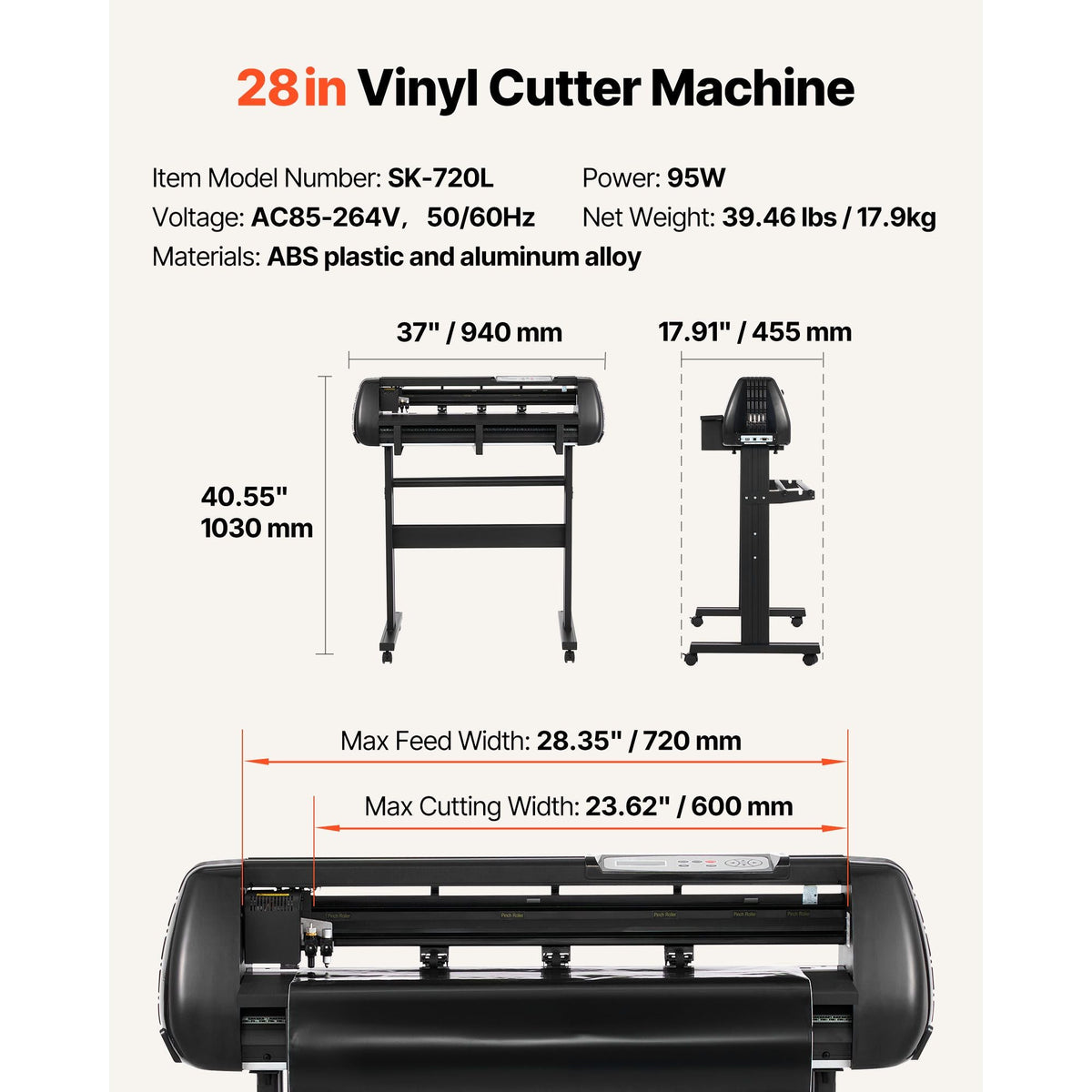 Vinyl Cutter Machine, 28 inch Max Feed Width, Dual Blades, Adjustable Force and Speed, LED Display, Vinyl Plotter Cutter Printer Bundle with Sticker Sheets, Transfer Film, Signmaster Software