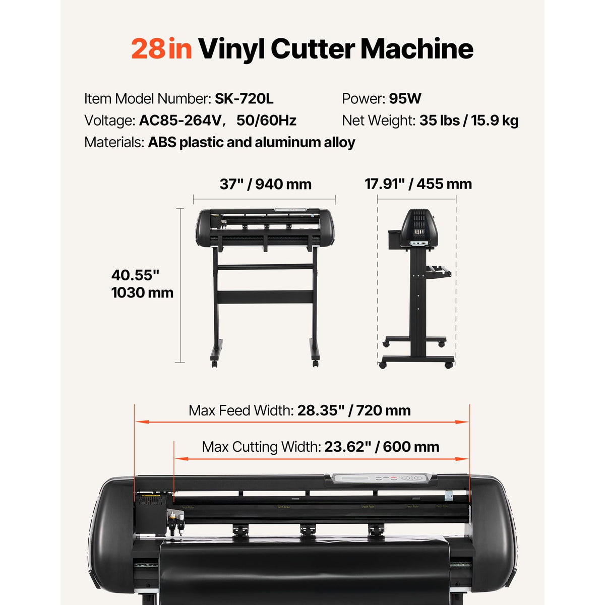 Vinyl Cutter Machine, 28 inch Max Feed Width, Dual Blades, Adjustable Force and Speed, LED Display, Vinyl Plotter Cutter Printer with Signmaster Software for Compatible with Windows and macOS