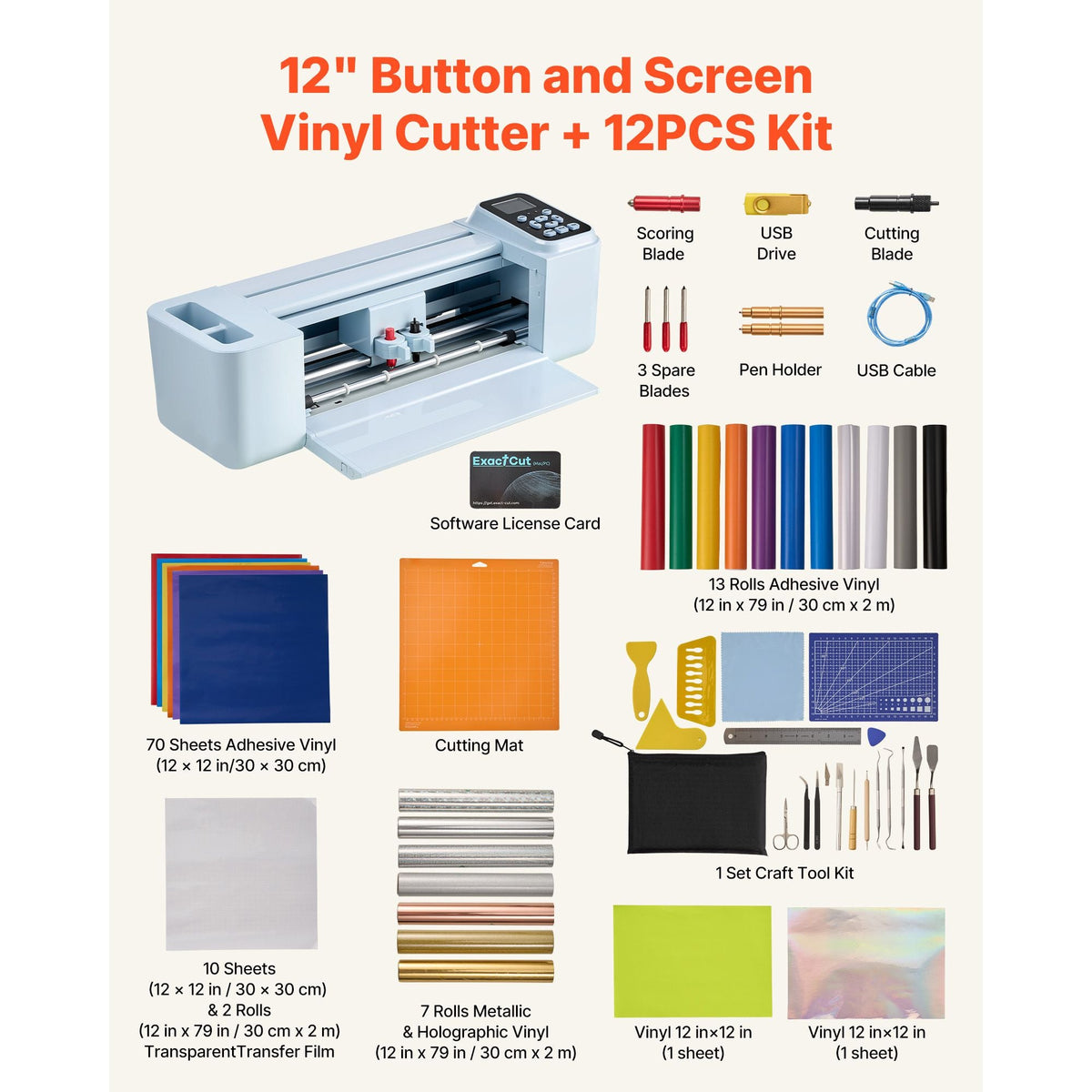 Vinyl Cutting Machine, 12 in, Button and Screen Controlled Vinyl Cutter with Materials and Tool Kit, 5000+ Built-in Design Resources, Compatible with Mac, Windows, Android and iOS, for Crafts