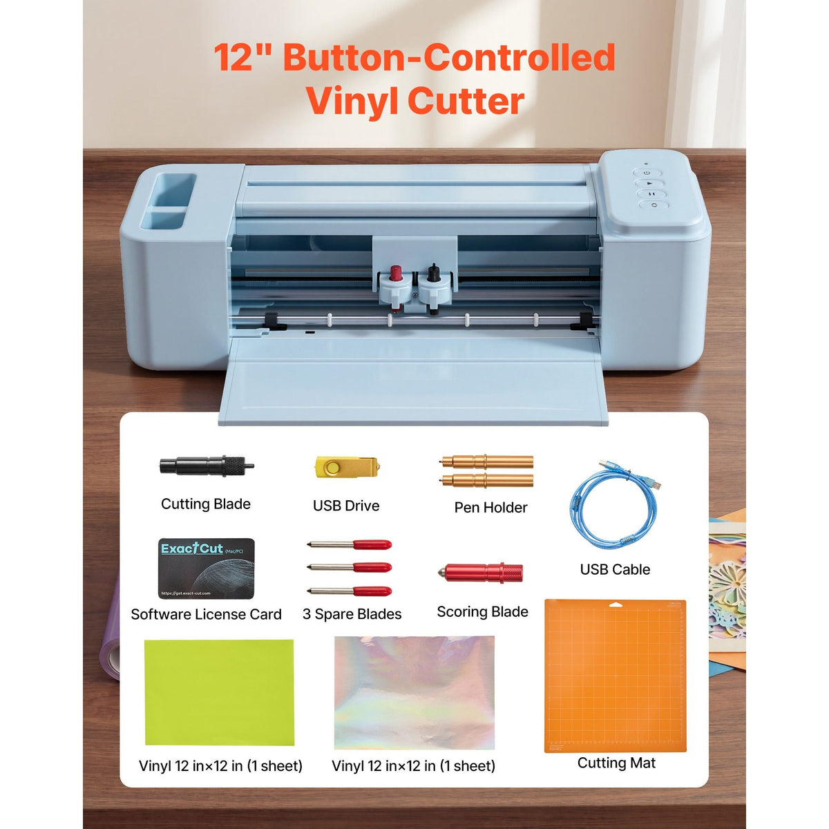 Vinyl Cutting Machine, 12 in, Button-Controlled Vinyl Cutter, 5000+ Built-in Design Resources, Compatible with Mac, Windows, Android and iOS, for Creating Customized Crafts Cards, Home Decor