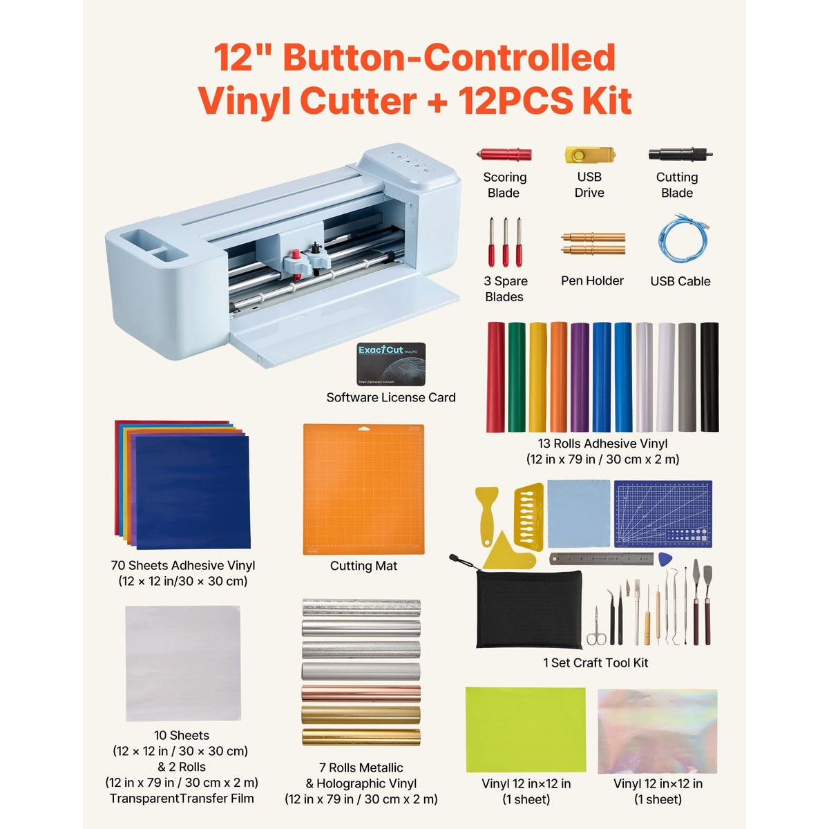 Vinyl Cutting Machine, 12 in, Button-Controlled Vinyl Cutter with Materials and Tool Kit, 5000+ Built-in Design Resources, Compatible with Mac, Windows, Android and iOS, for Customized Cards