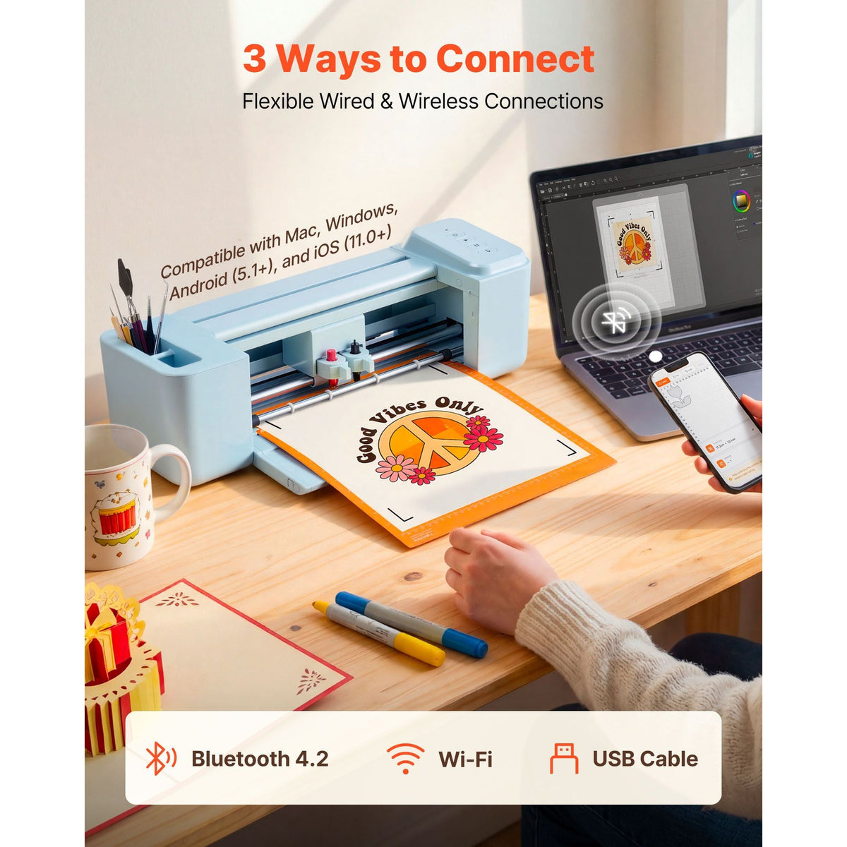 Vinyl Cutting Machine, 12 in, Button-Controlled Vinyl Cutter with Materials and Tool Kit, 5000+ Built-in Design Resources, Compatible with Mac, Windows, Android and iOS, for Customized Cards