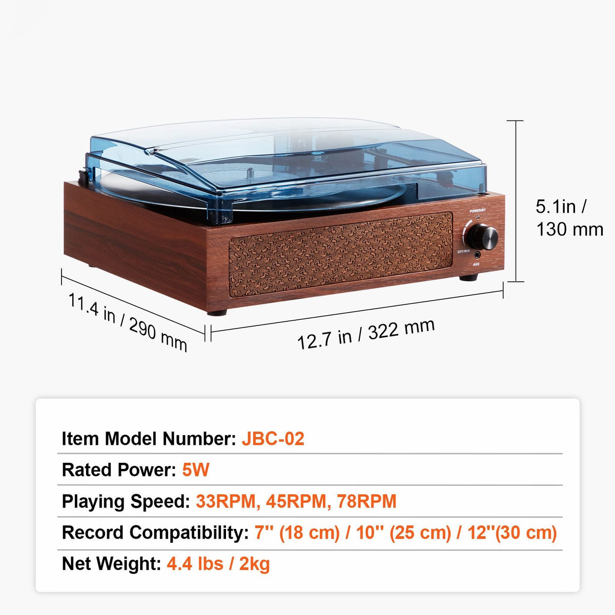 Vinyl Record Player, 3-Speed, Belt Driven Turntable Player with Built-in 5W Stereo Speakers Magnetic Cartridge, Support 33/45/78 RPM Bluetooth Aux in RCA Output, for 7/10 /12 in Vinyl Records