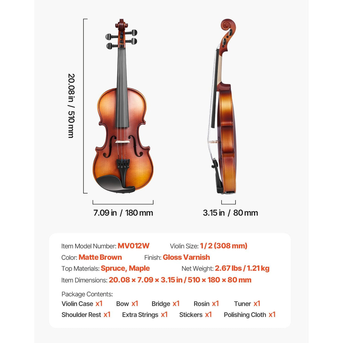 Violin 1/2 Size for Adults, Violin Fiddle Set for Beginners Student with Hard Case, Rosin, Bow, Shoulder Rest,Bridge,Tuner and Extra Strings,Solidwood Professional Musical Instruments (Brown)