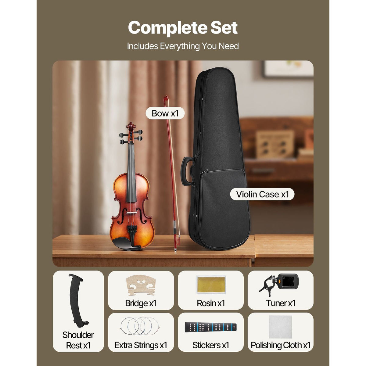 Violin 1/4 Size for Adults, Violin Fiddle Set for Beginners Student with Hard Case, Rosin, Bow, Shoulder Rest,Bridge,Tuner and Extra Strings,Solidwood Professional Musical Instruments (Brown)