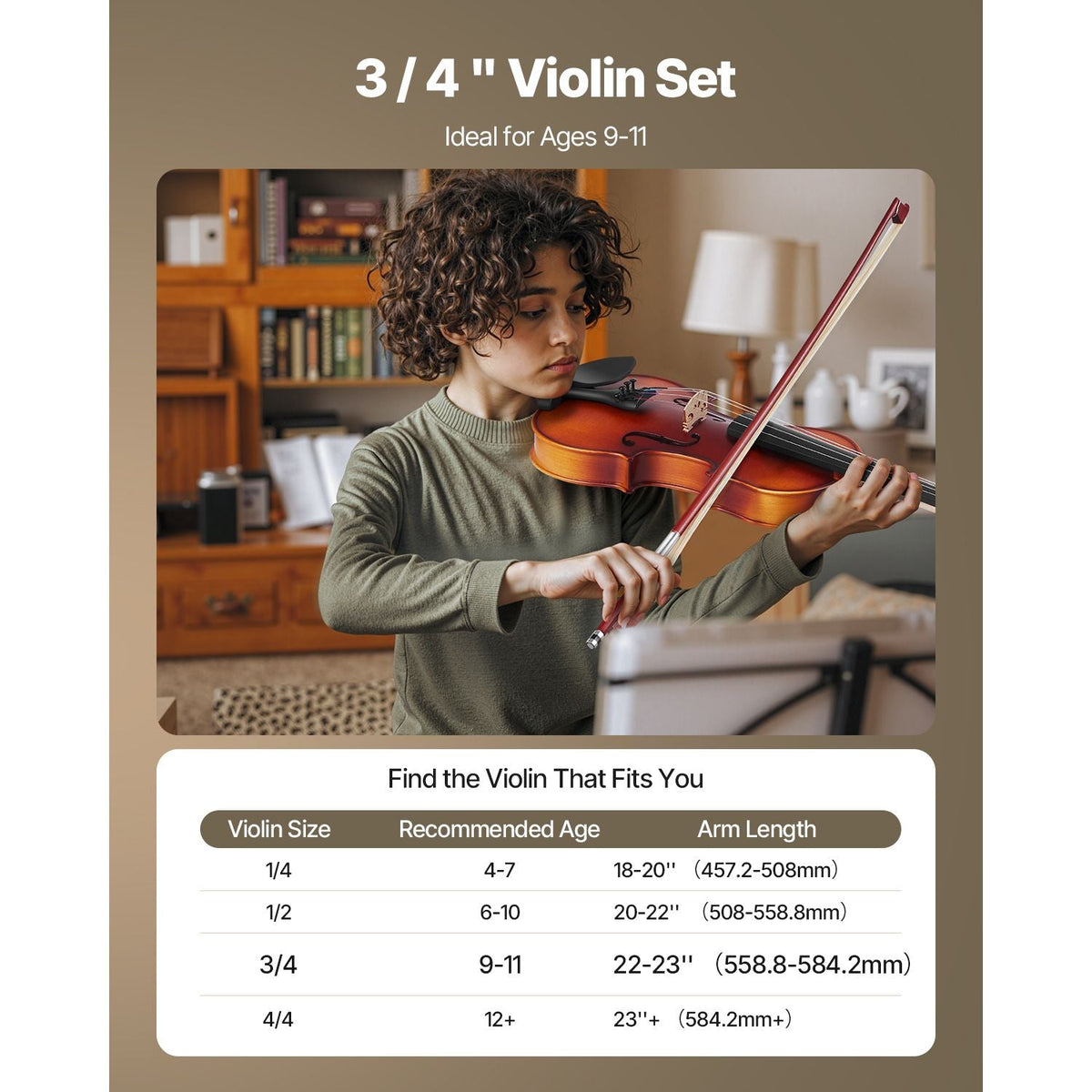 Violin 3/4 Size for Adults, Violin Fiddle Set for Beginners Student with Hard Case, Rosin, Bow, Shoulder Rest,Bridge,Tuner and Extra Strings,Solidwood Professional Musical Instruments (Brown)