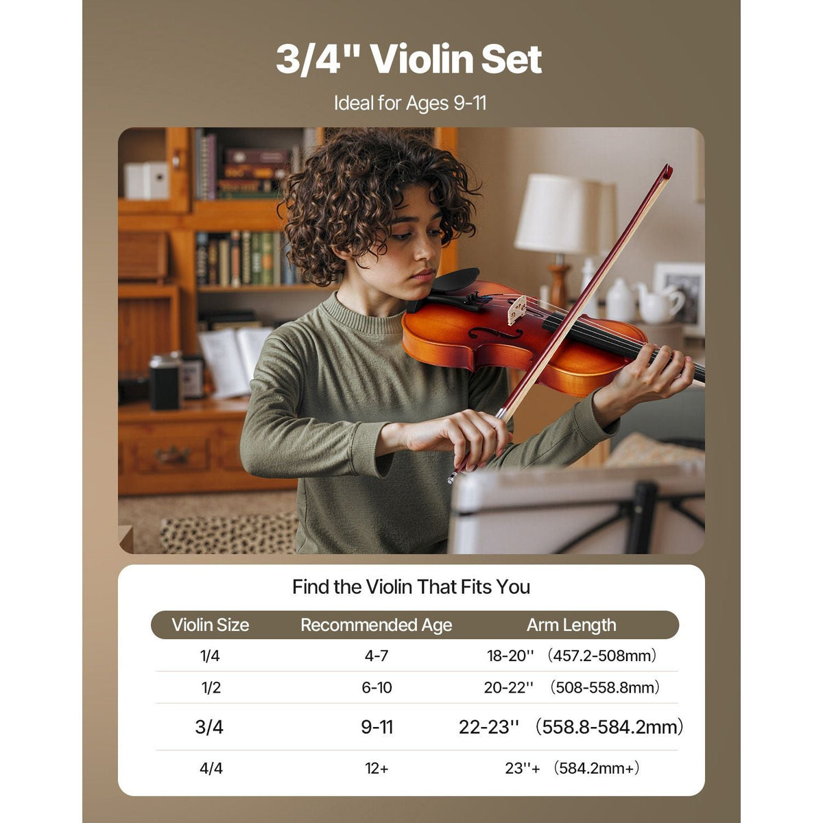 Violin 3/4 Size for Adults, Violin Fiddle Set for Beginners with Hard Case, Rosin, Bow, Shoulder Rest, Bridge, Tuner and Extra Strings, Professional Musical Instruments for Student (Brown)