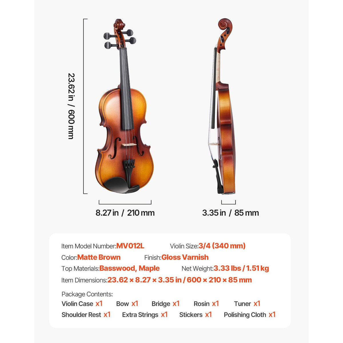 Violin 3/4 Size for Adults, Violin Fiddle Set for Beginners with Hard Case, Rosin, Bow, Shoulder Rest, Bridge, Tuner and Extra Strings, Professional Musical Instruments for Student (Brown)