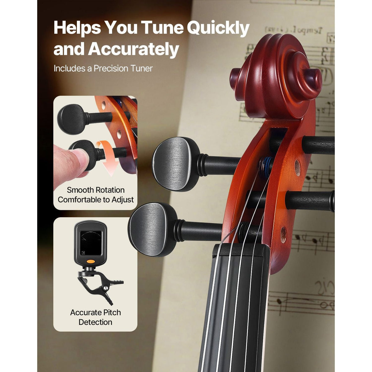 Violin 3/4 Size for Adults, Violin Fiddle Set for Beginners with Hard Case, Rosin, Bow, Shoulder Rest, Bridge, Tuner and Extra Strings, Professional Musical Instruments for Student (Brown)