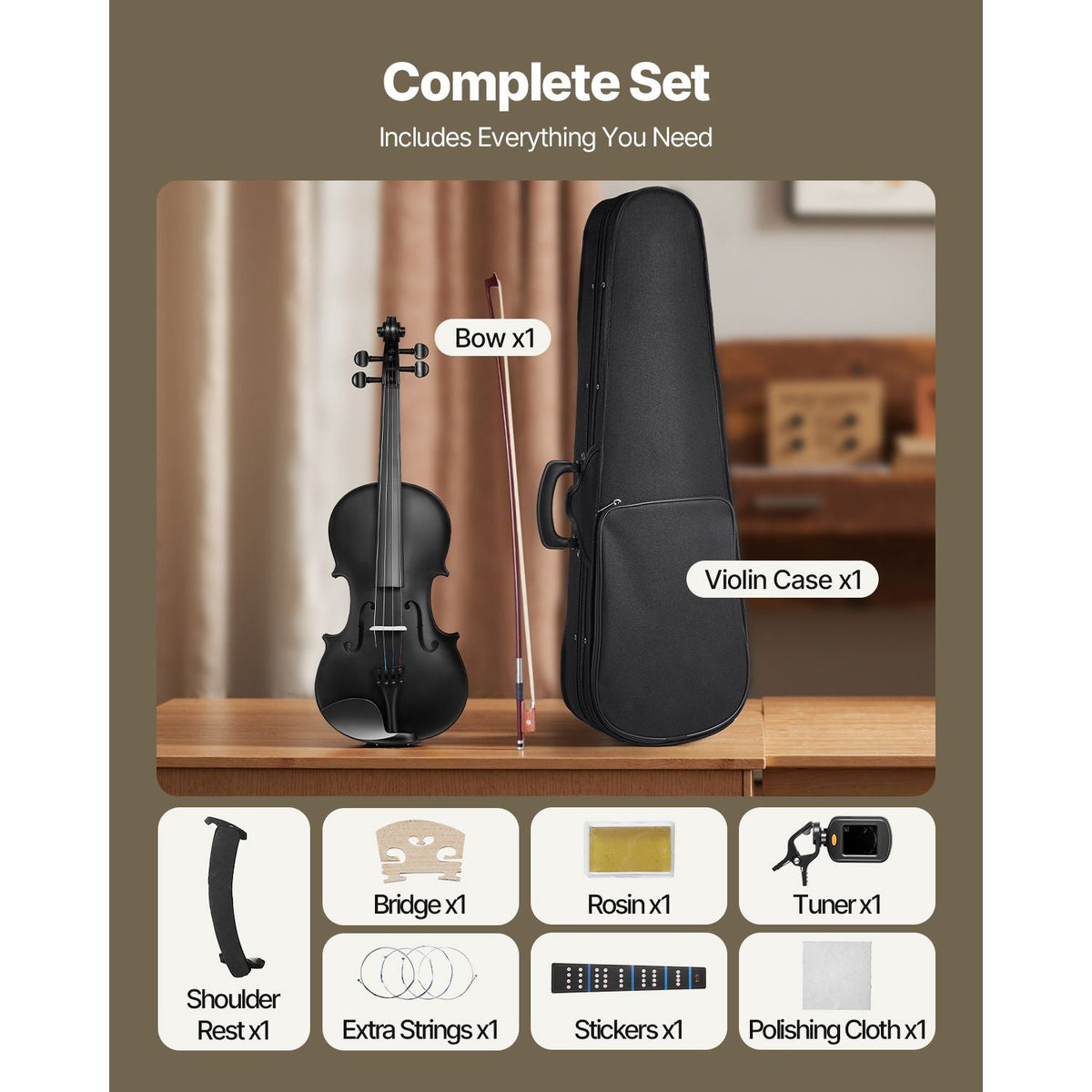 Violin 4/4 Full Size for Adults, Violin Fiddle Set for Beginners Student with Hard Case, Rosin, Bow, Shoulder Rest, Bridge, Tuner and Extra Strings, Professional Solidwood Instruments (Black)