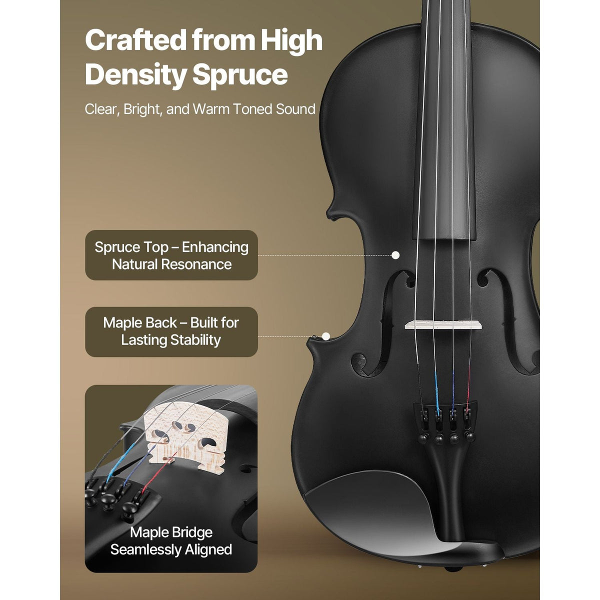 Violin 4/4 Full Size for Adults, Violin Fiddle Set for Beginners Student with Hard Case, Rosin, Bow, Shoulder Rest, Bridge, Tuner and Extra Strings, Professional Solidwood Instruments (Black)