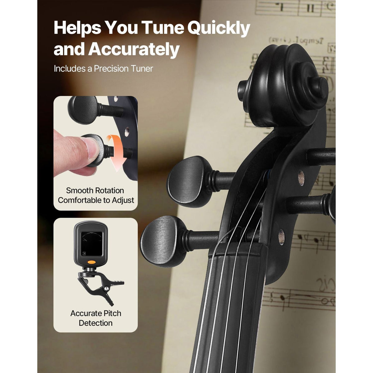 Violin 4/4 Full Size for Adults, Violin Fiddle Set for Beginners Student with Hard Case, Rosin, Bow, Shoulder Rest, Bridge, Tuner and Extra Strings, Professional Solidwood Instruments (Black)