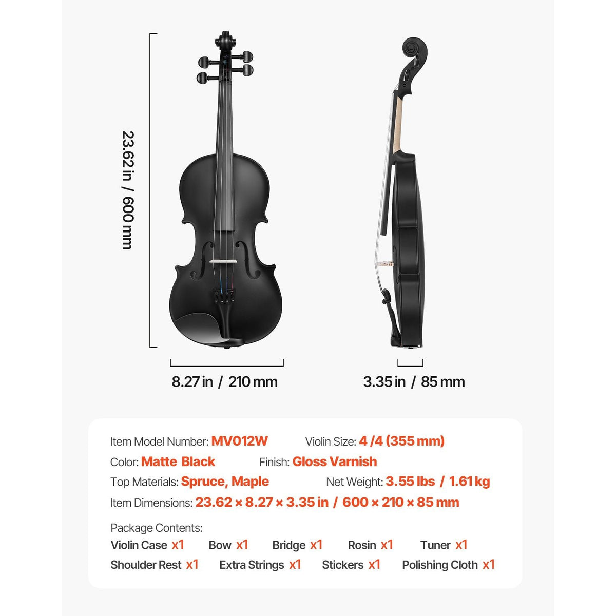 Violin 4/4 Full Size for Adults, Violin Fiddle Set for Beginners Student with Hard Case, Rosin, Bow, Shoulder Rest, Bridge, Tuner and Extra Strings, Professional Solidwood Instruments (Black)