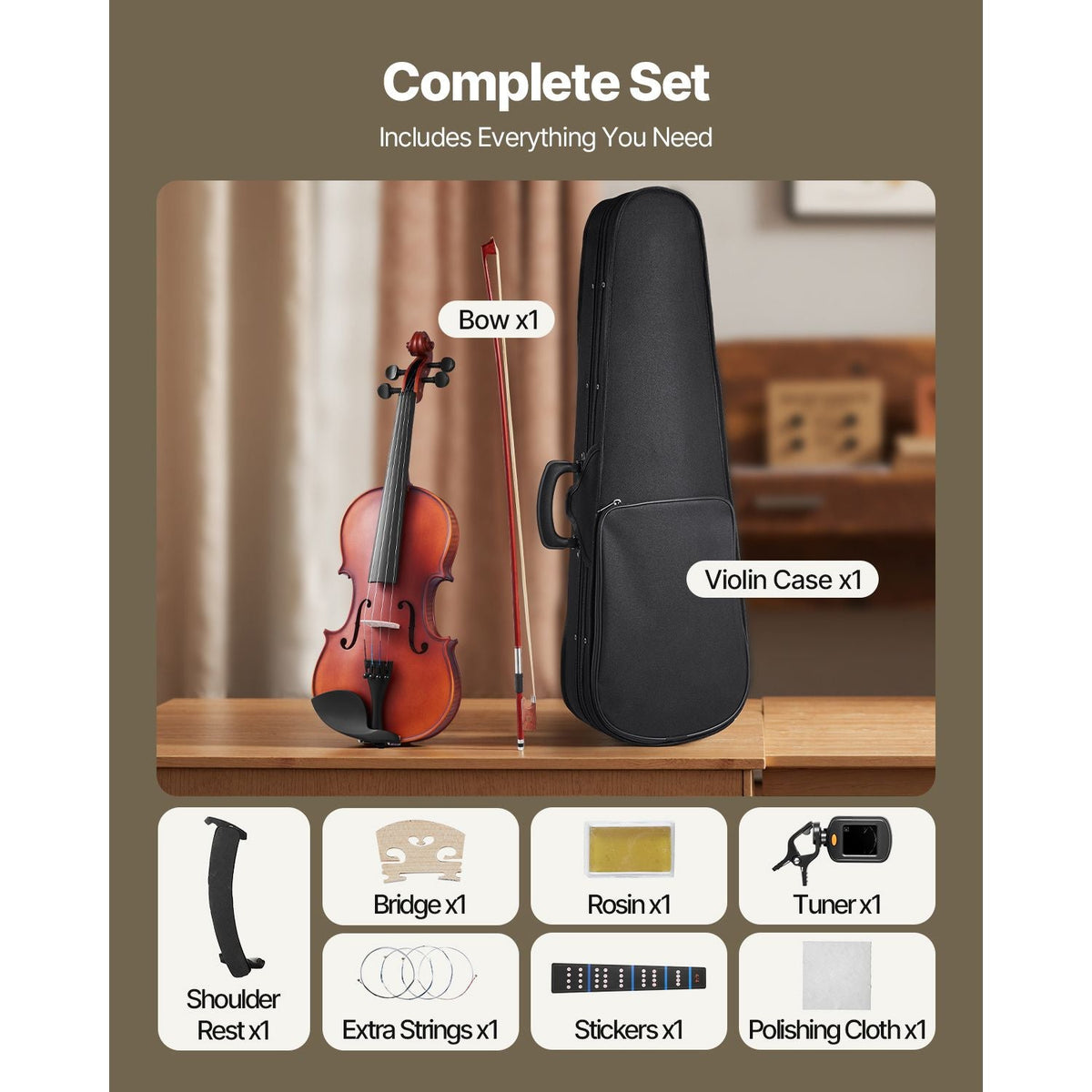 Violin 4/4 Full Size for Adults, Violin Fiddle Set for Beginners Student with Hard Case, Rosin, Bow, Shoulder Rest,Bridge,Extra Strings,Professional Solidwood Instrument (Matte Brown Patterned)