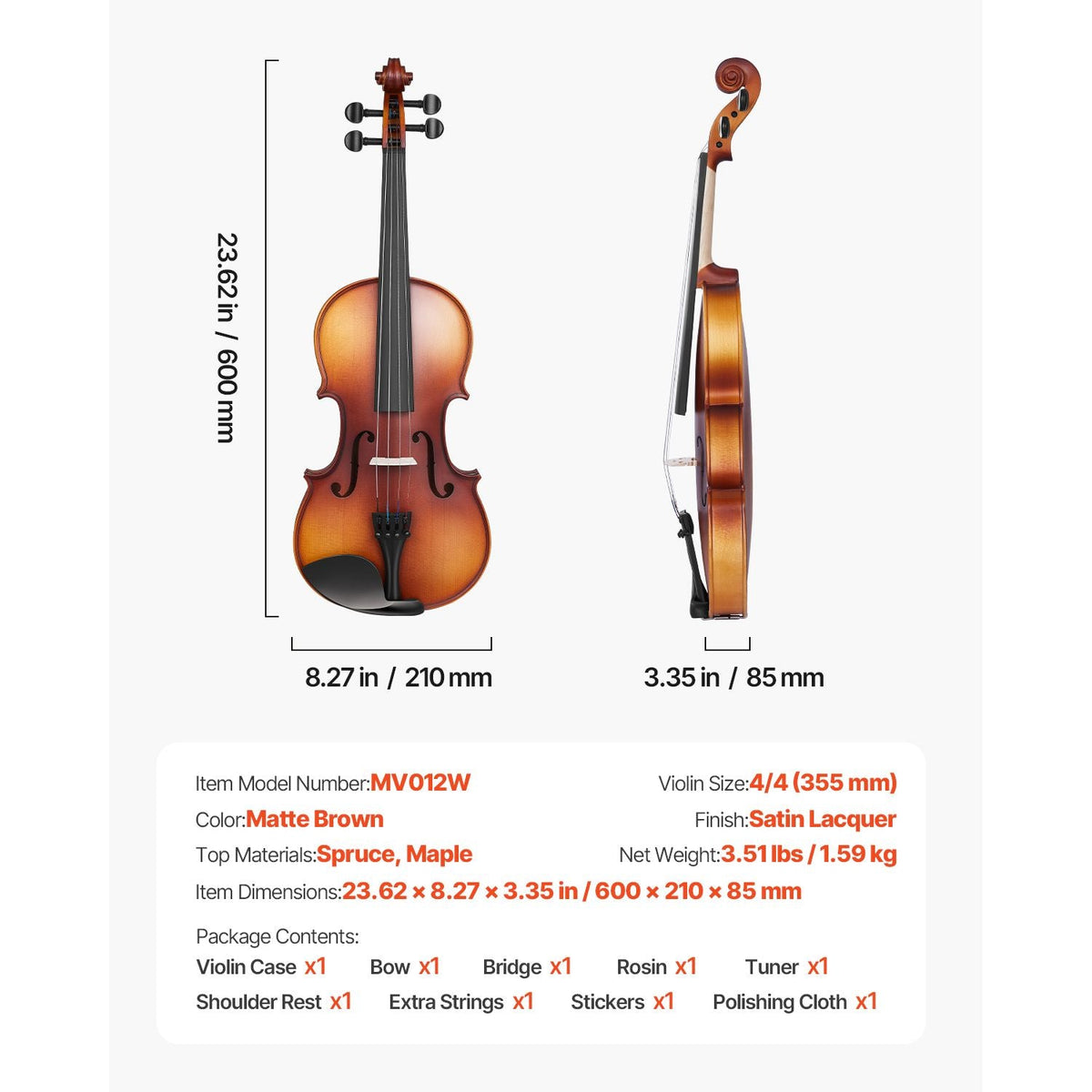 Violin 4/4 Full Size for Adults, Violin Fiddle Set for Beginners Student with Hard Case, Rosin, Bow, Shoulder Rest,Bridge,Extra Strings,Professional Solidwood Instrument (Matte Brown)
