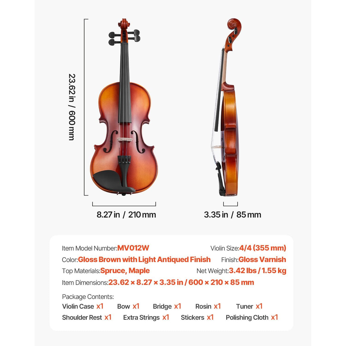 Violin 4/4 Full Size for Adults, Violin Fiddle Set for Beginners Student with Hard Case,Rosin, Bow,Shoulder Rest,Bridge,Extra Strings,Professional Solidwood Instrument (Glossy Brown)