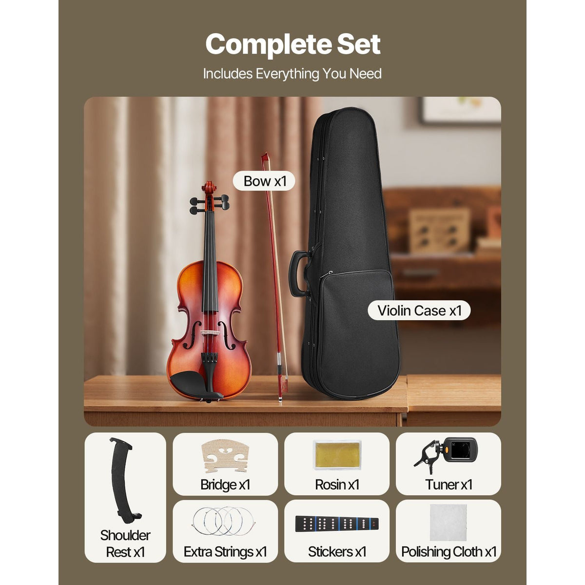 Violin 4/4 Full Size for Adults, Violin Fiddle Set for Beginners Student with Hard Case,Rosin, Bow,Shoulder Rest,Bridge,Extra Strings,Professional Solidwood Instrument (Glossy Brown)