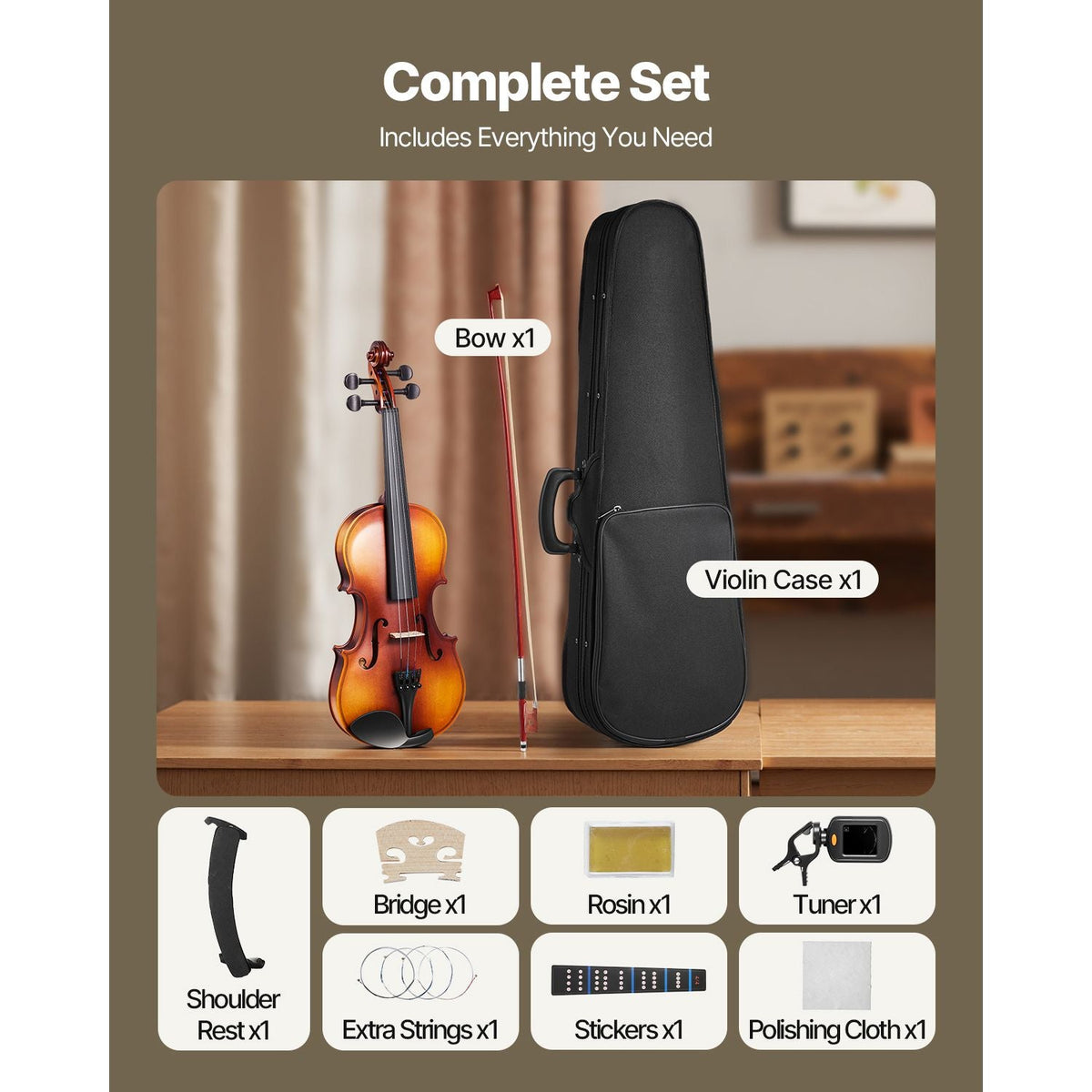 Violin 4/4 Full Size for Adults, Violin Fiddle Set for Beginners with Hard Case, Rosin, Bow, Shoulder Rest, Bridge, Tuner and Extra Strings, Professional Musical Instruments for Student (Brown)