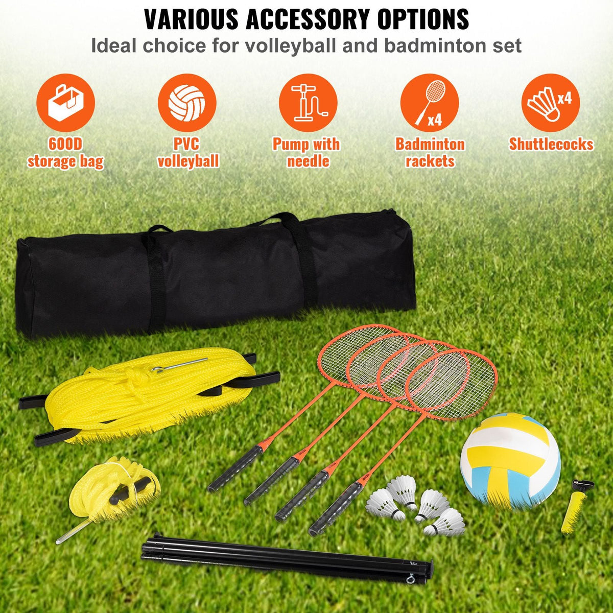 Volleyball and Badminton Set, Outdoor Portable Badminton Net, Adjustable Height Steel Poles, Professional Combo Set with PVC Volleyball, Pump, Carrying Bag, Easy Setup for Backyard Beach Lawn