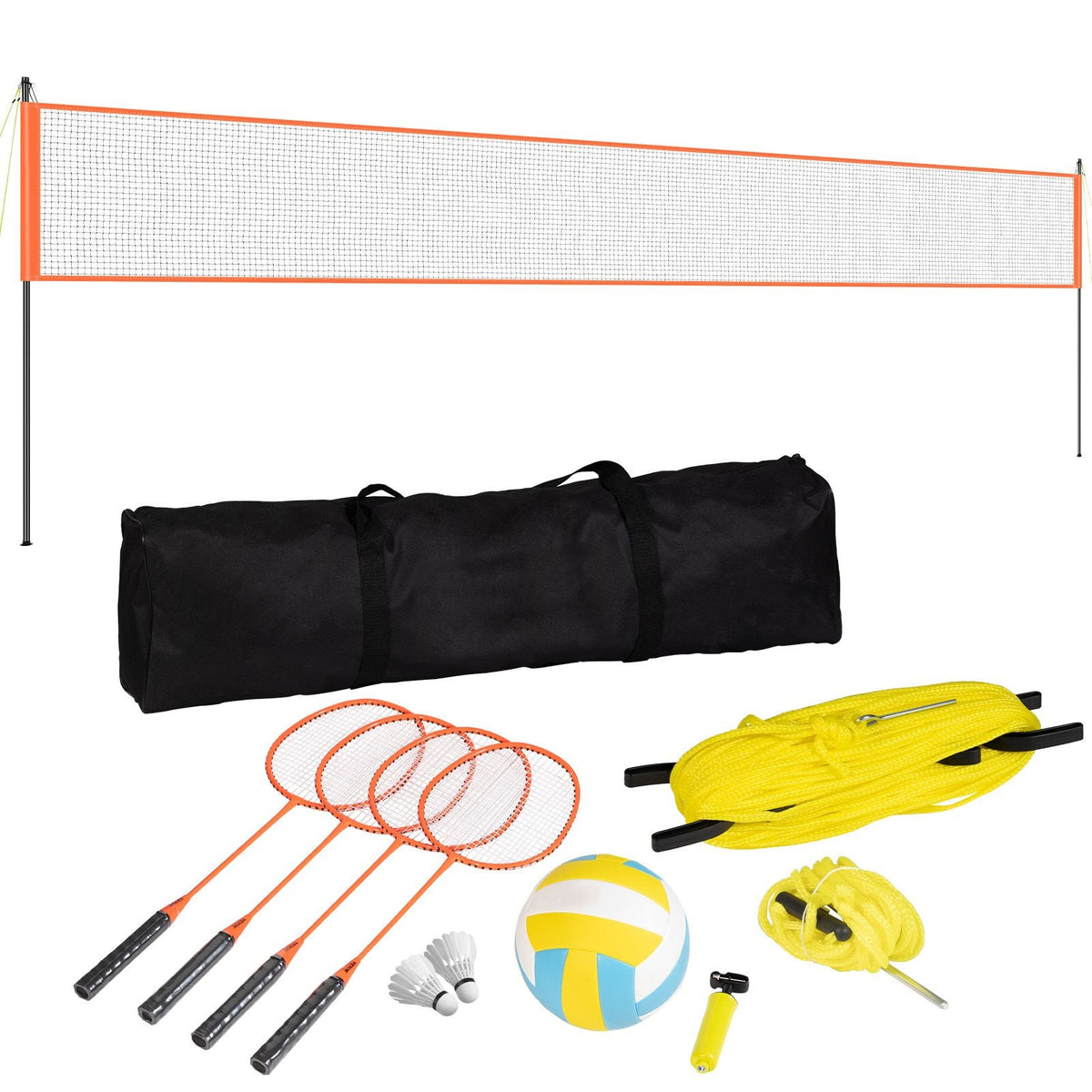 Volleyball and Badminton Set, Outdoor Portable Badminton Net, Adjustable Height Steel Poles, Professional Combo Set with PVC Volleyball, Pump, Carrying Bag, Easy Setup for Backyard Beach Lawn