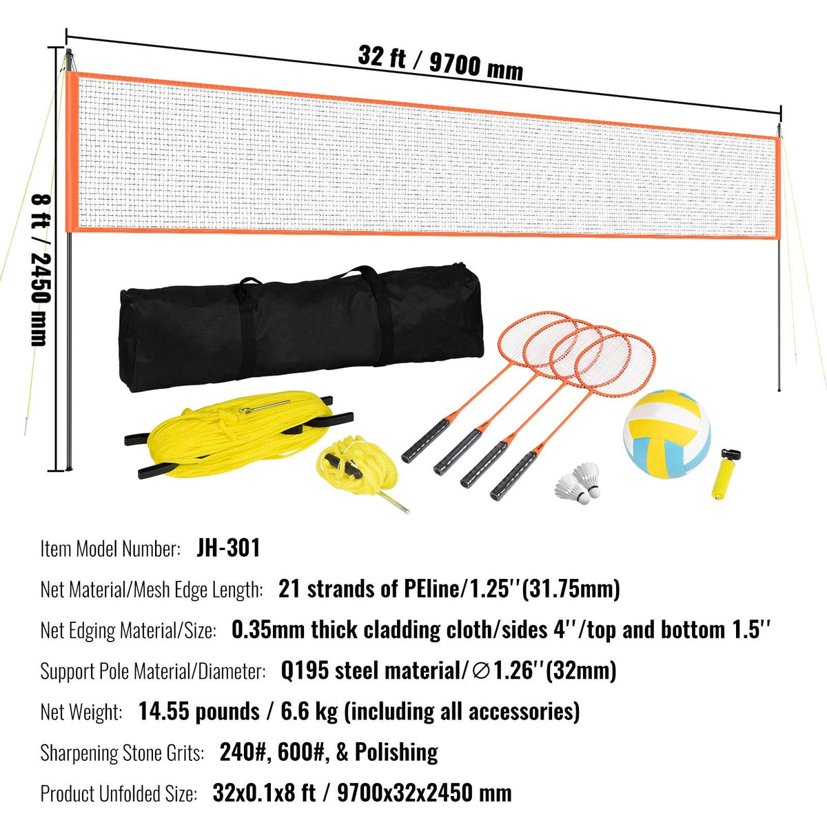 Volleyball and Badminton Set, Outdoor Portable Badminton Net, Adjustable Height Steel Poles, Professional Combo Set with PVC Volleyball, Pump, Carrying Bag, Easy Setup for Backyard Beach Lawn