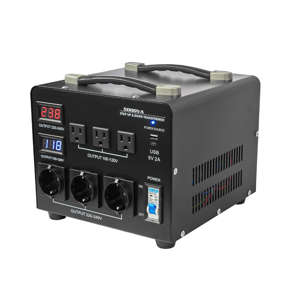 Voltage Auto Converter Transformer, 5000VA, Heavy Duty Step Up/Down Power Transformer, 110V to 220V and 220V to 110V, with 3 US Outlets, 3 EU Outlets, LCD Display, Circuit Breaker Protection