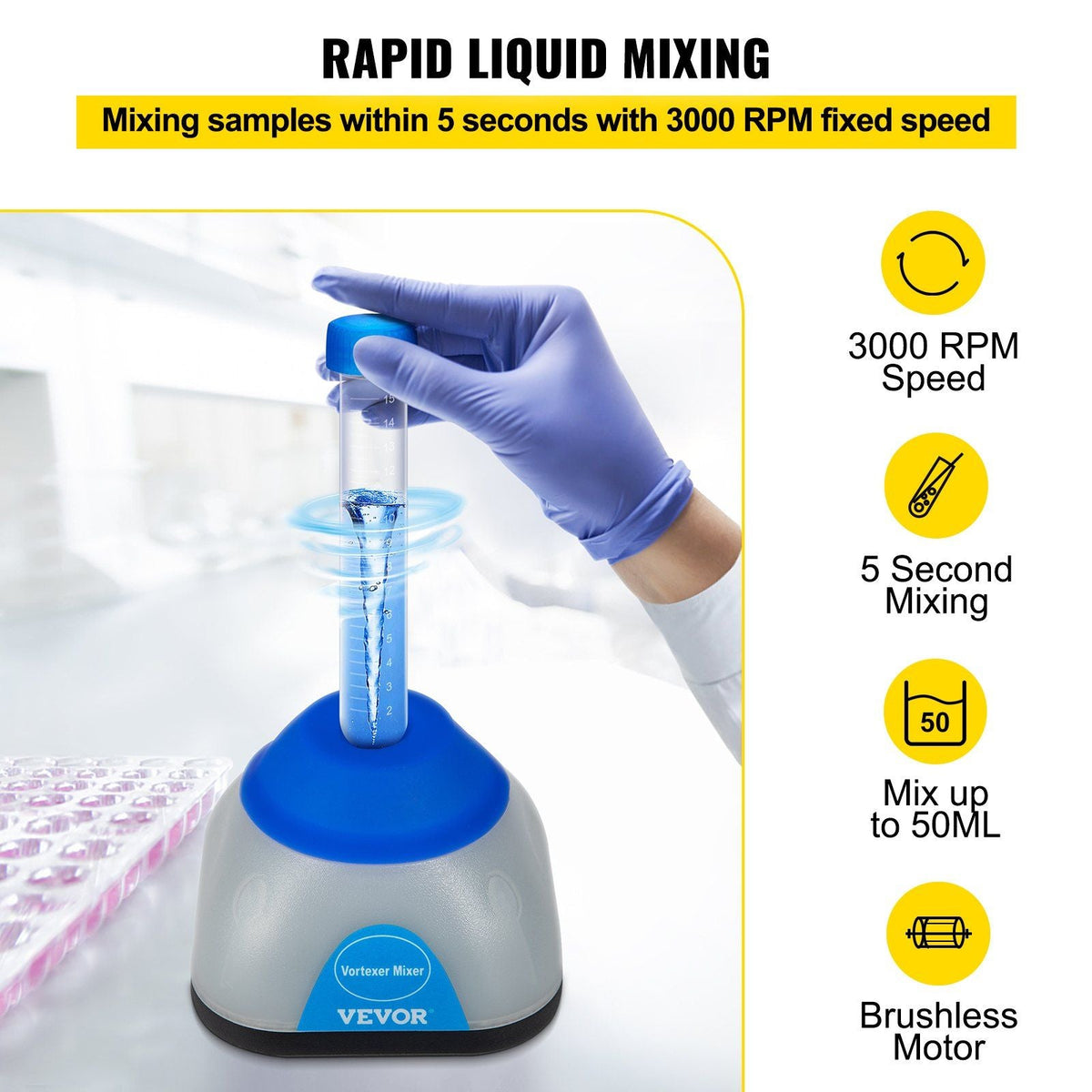 Vortex Mixer, 3000rpm Mini Vortex Mixer Shaker, Touch Function Scientific Lab Vortex Shaker, Mix Up to 50ml, 6mm Orbital Diameter for Test Tube, Tattoo Ink, Nail Polish, Eyelash Adhesives, Paint