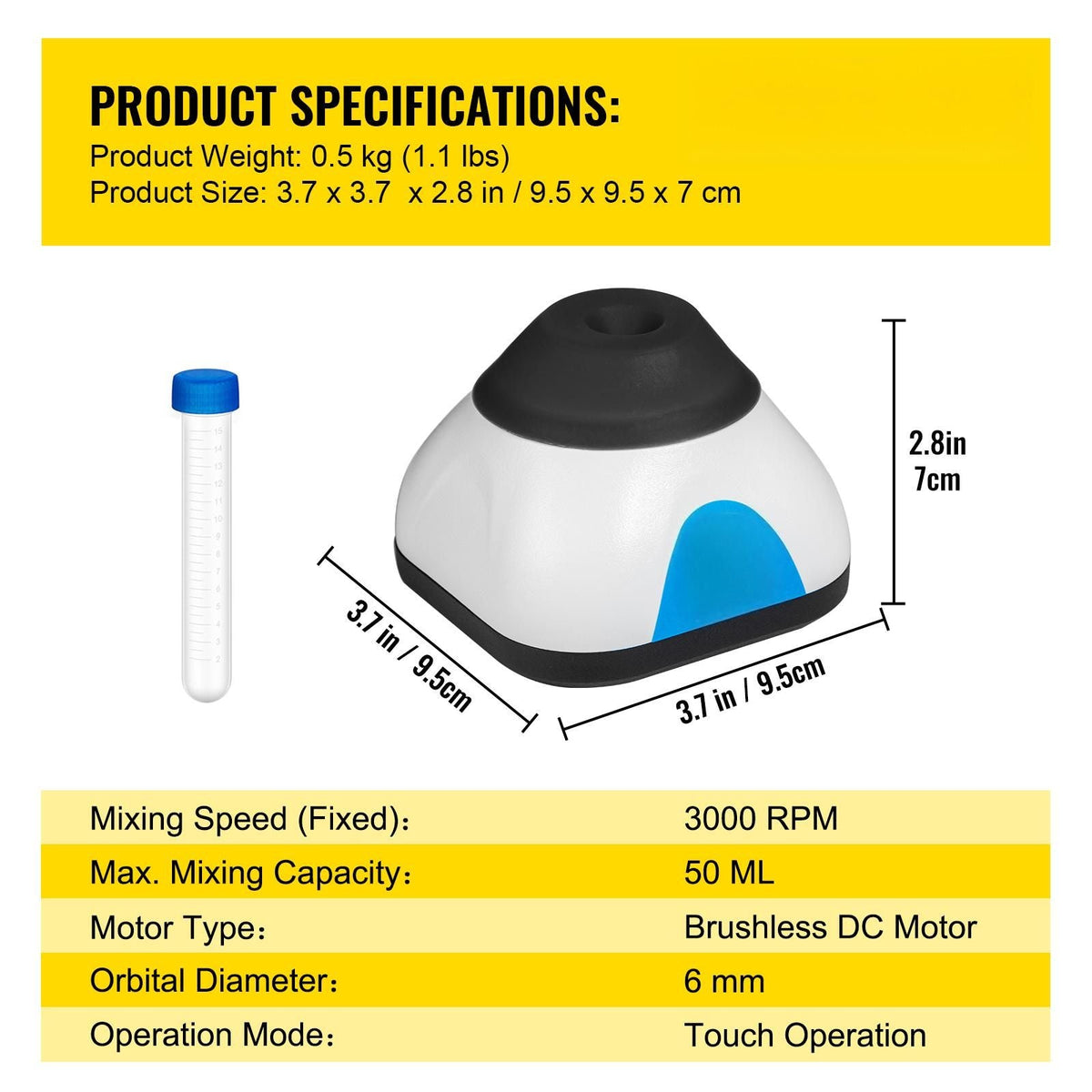 Vortex Mixer, 3000RPM Mini Vortex Mixer Shaker, Touch Function Scientific Lab Vortex Shaker, Mix Up to 50ML, 6mm Orbital Diameter for Test Tube, Tattoo Ink, Nail Polish, Eyelash Adhesives, Paint