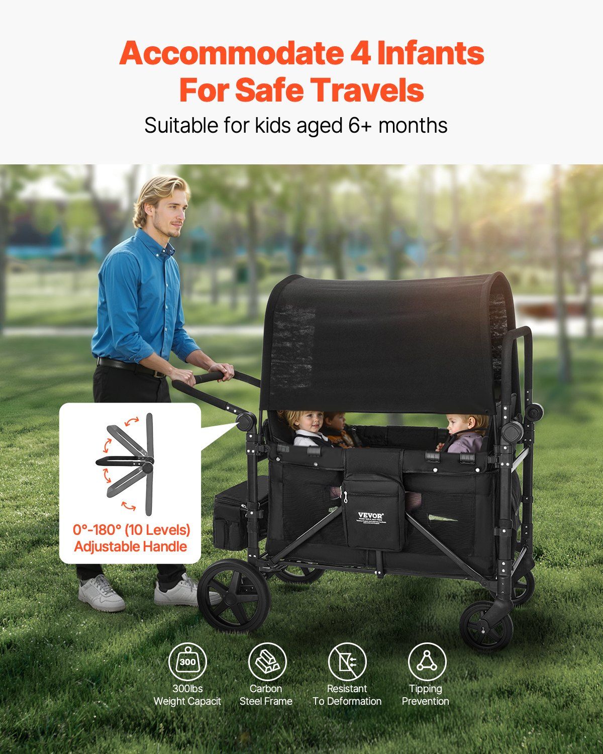 Wagon Stroller for 4 Kids, Push Pull Quad Collapsible Stroller with Adjustable Handle, 5-Point Safety Harness & Removable Canopy, 4-Seater Stroller Wagon for Camping, Black (330LBS Loading)