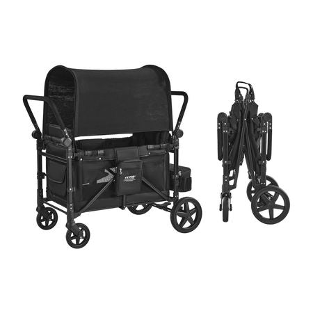 Wagon Stroller for 4 Kids, Push Pull Quad Collapsible Stroller with Adjustable Handle, 5-Point Safety Harness & Removable Canopy, 4-Seater Stroller Wagon for Camping, Black (330LBS Loading)