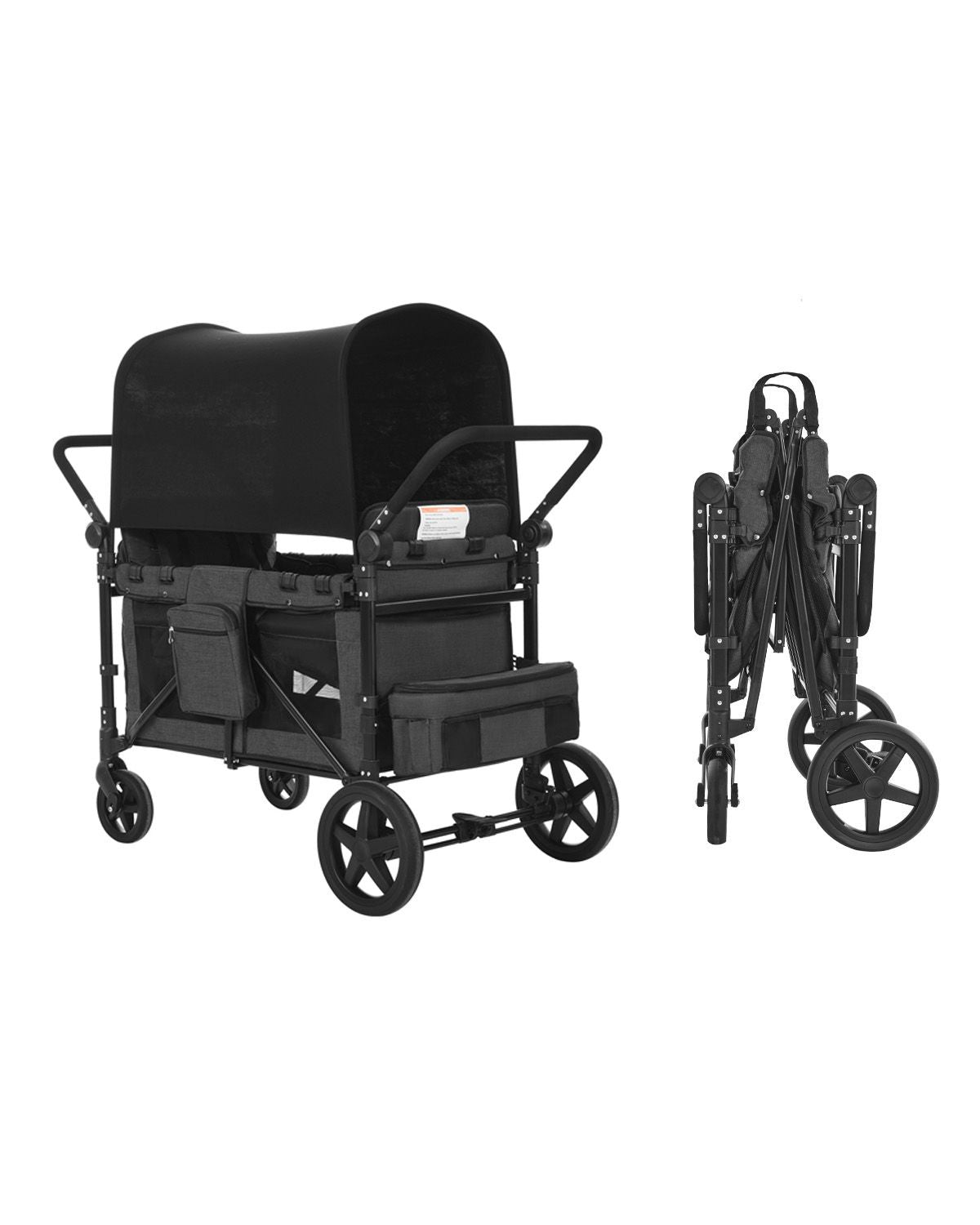 Wagon Stroller for 4 Kids, Push Pull Quad Collapsible Stroller with Adjustable Handle, Safety Harness & Removable Canopy, 4-Seater Stroller Wagon for Camping, Dark Gray & Black (330LBS Loading)