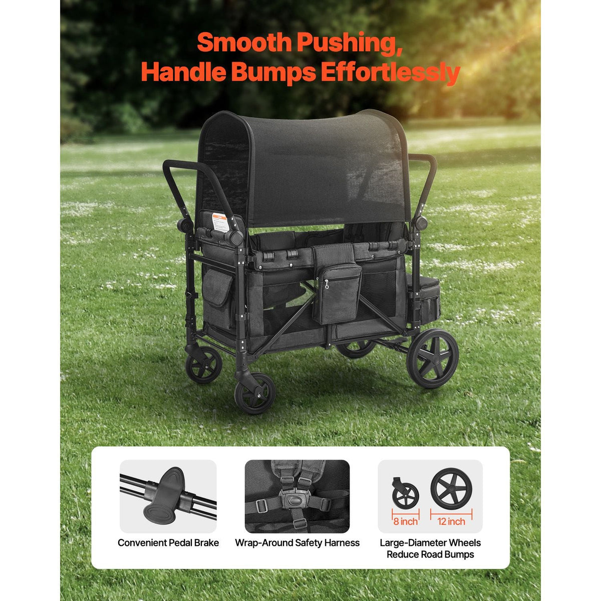 Wagon Stroller for 4 Kids, Push Pull Quad Collapsible Stroller with Adjustable Handle, Safety Harness & Removable Canopy, 4-Seater Stroller Wagon for Camping, Dark Gray & Black (330LBS Loading)
