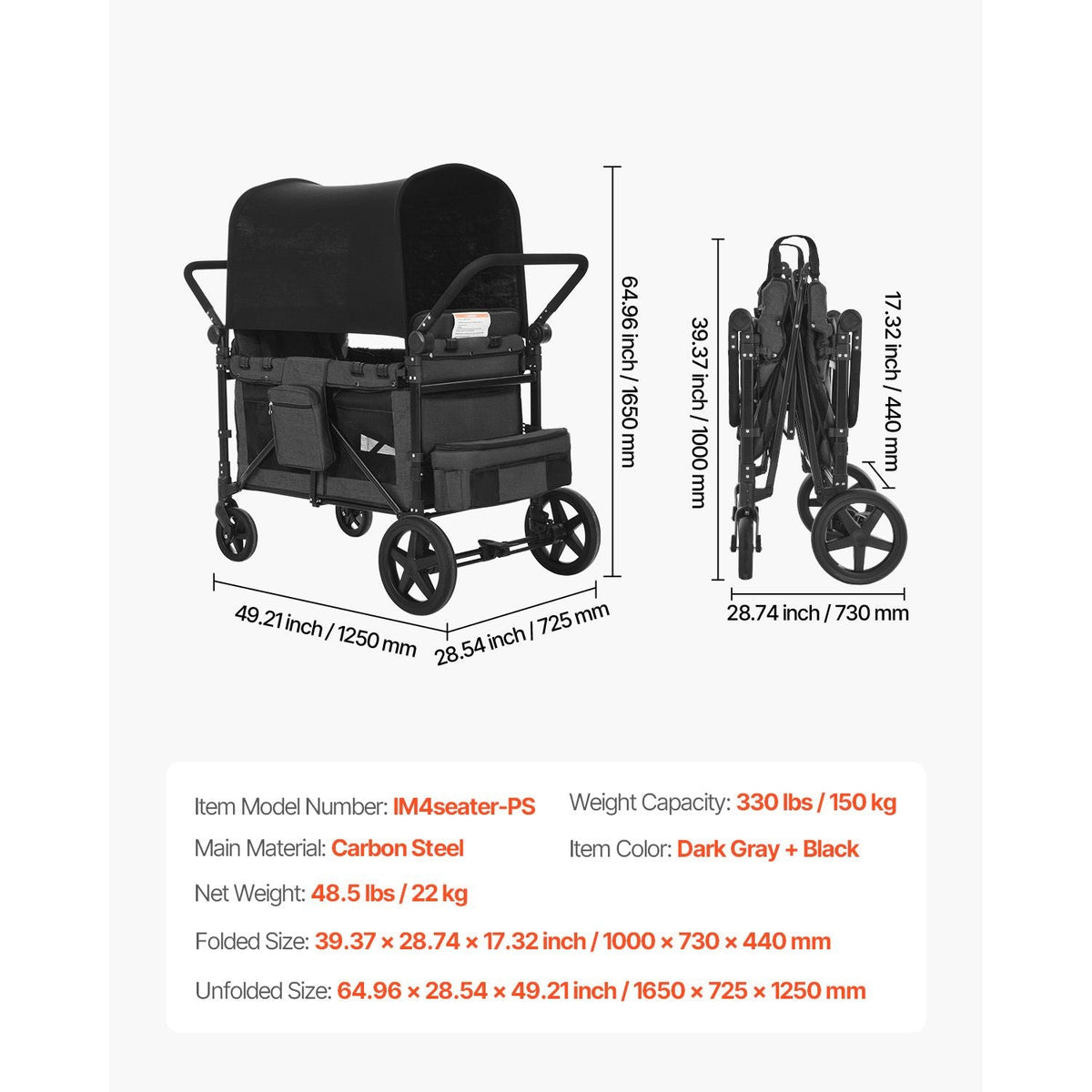 Wagon Stroller for 4 Kids, Push Pull Quad Collapsible Stroller with Adjustable Handle, Safety Harness & Removable Canopy, 4-Seater Stroller Wagon for Camping, Dark Gray & Black (330LBS Loading)