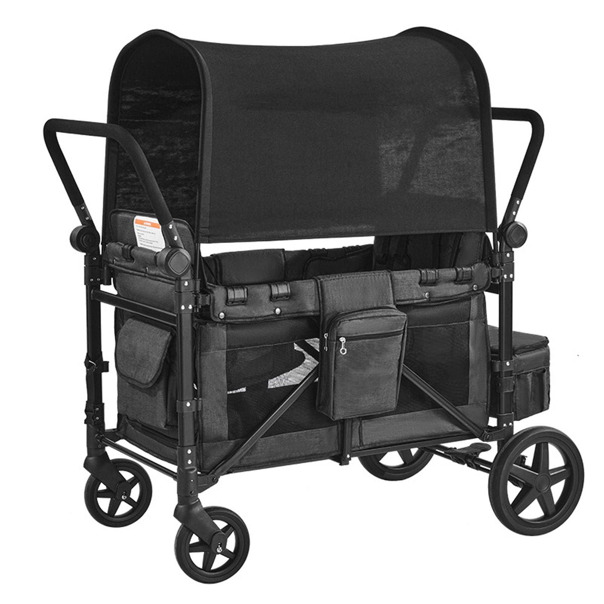 Wagon Stroller for 4 Kids, Push Pull Quad Collapsible Stroller with Adjustable Handle, Safety Harness & Removable Canopy, 4-Seater Stroller Wagon for Camping, Dark Gray & Black (330LBS Loading)