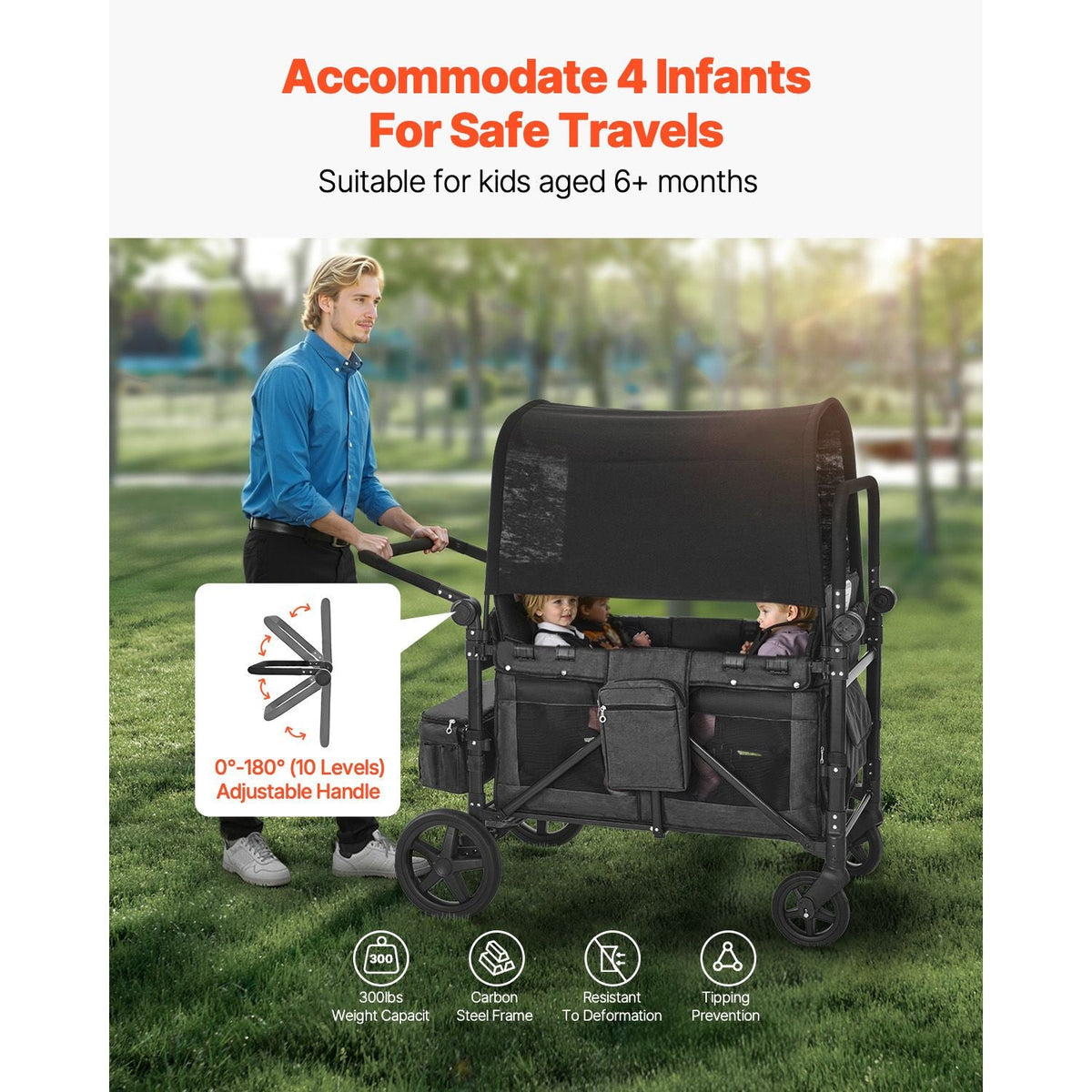 Wagon Stroller for 4 Kids, Push Pull Quad Collapsible Stroller with Adjustable Handle, Safety Harness & Removable Canopy, 4-Seater Stroller Wagon for Camping, Dark Gray & Black (330LBS Loading)