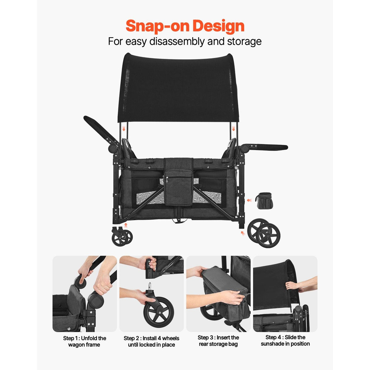 Wagon Stroller for 4 Kids, Push Pull Quad Collapsible Stroller with Adjustable Handle, Safety Harness & Removable Canopy, 4-Seater Stroller Wagon for Camping, Dark Gray & Black (330LBS Loading)