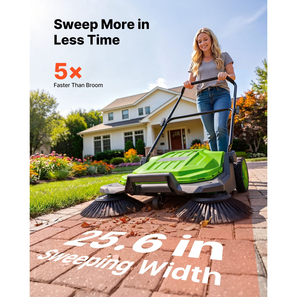 Walk-Behind Hand Push Floor Sweeper, Manual Floor Sweeper Non-Electric with 25.6" Sweeping Width, 5 Gallons Waste Container & Adjustable Folding Handle for Yards Walkways Patios Garages - Green