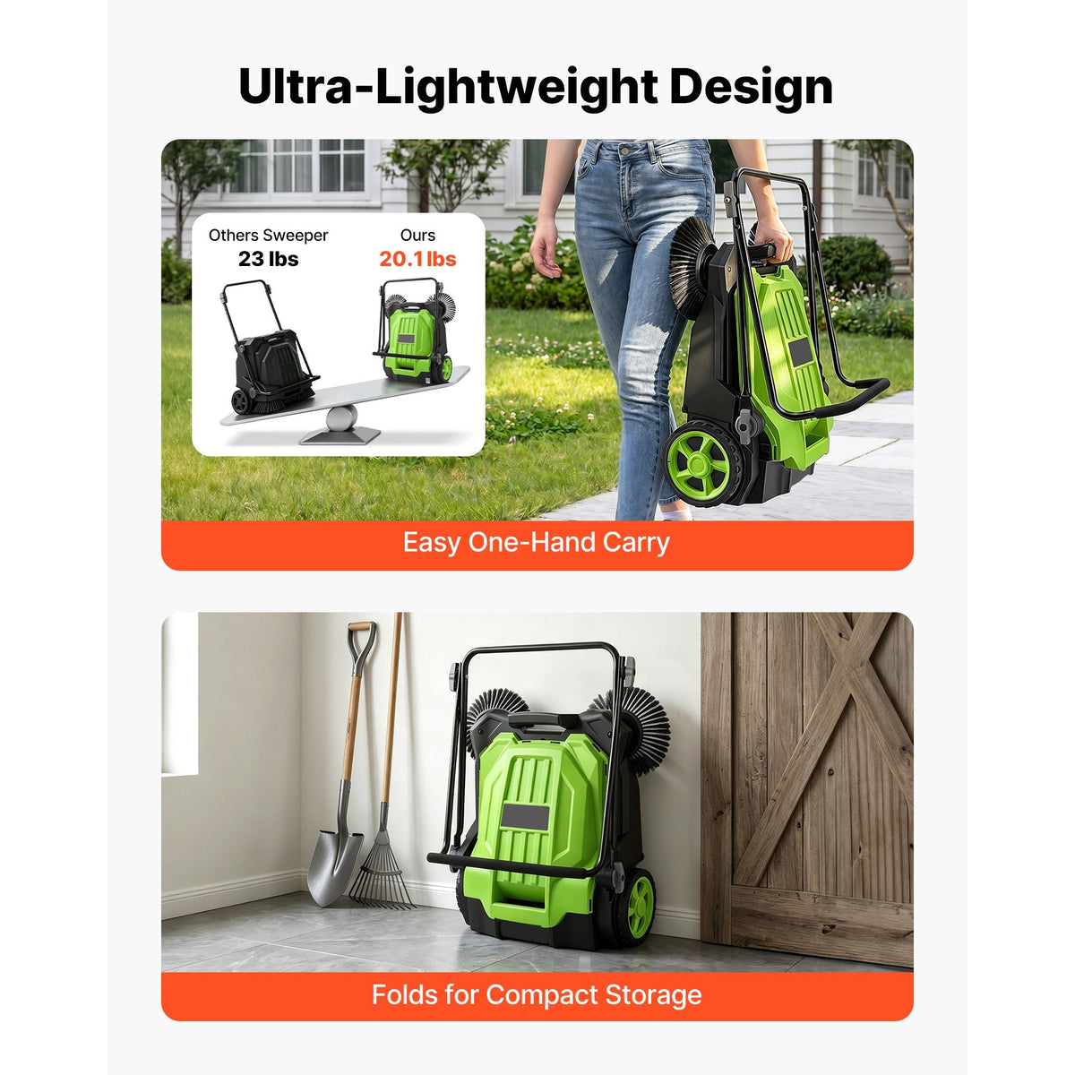 Walk-Behind Hand Push Floor Sweeper, Manual Floor Sweeper Non-Electric with 25.6" Sweeping Width, 5 Gallons Waste Container & Adjustable Folding Handle for Yards Walkways Patios Garages - Green