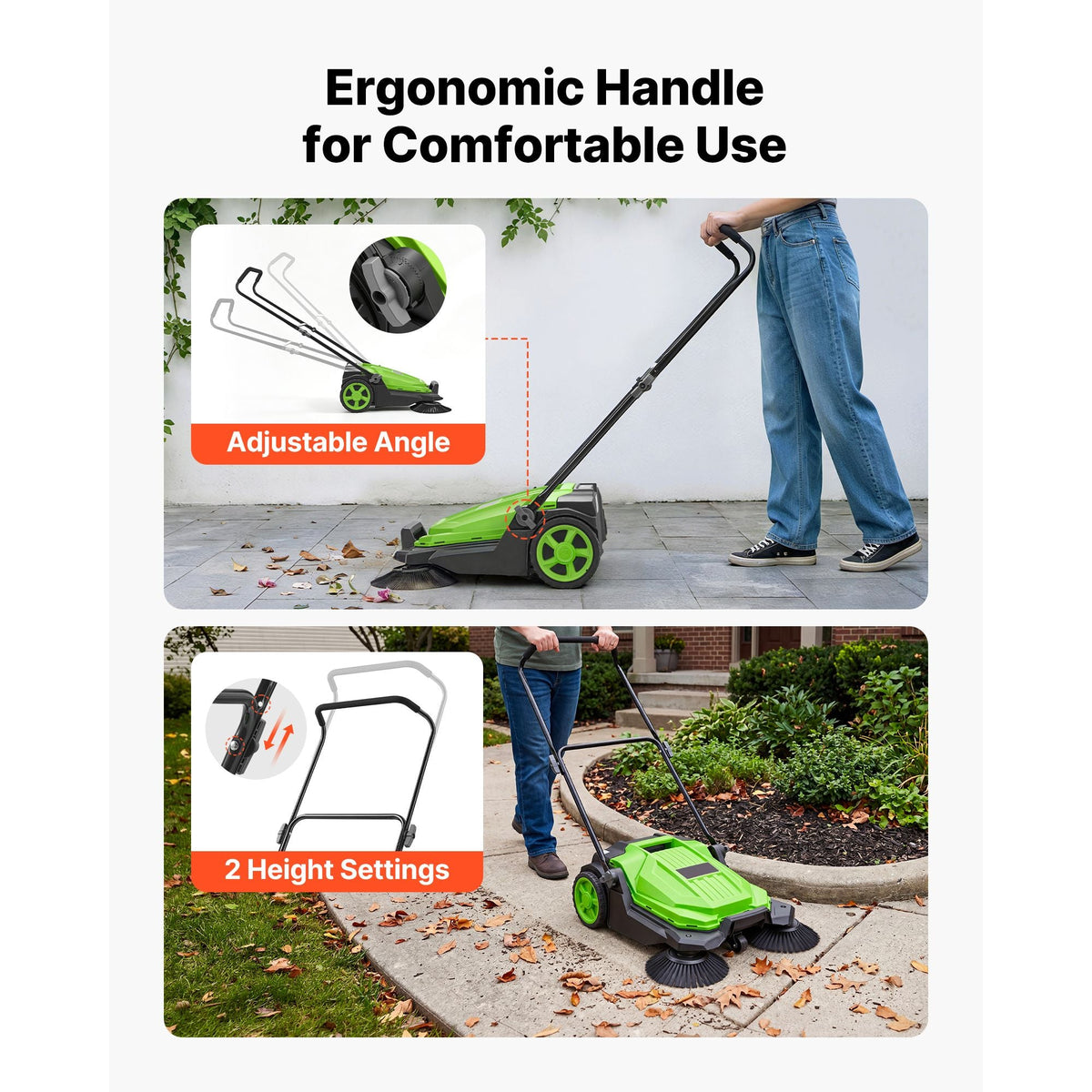 Walk-Behind Hand Push Floor Sweeper, Manual Floor Sweeper Non-Electric with 25.6" Sweeping Width, 5 Gallons Waste Container & Adjustable Folding Handle for Yards Walkways Patios Garages - Green