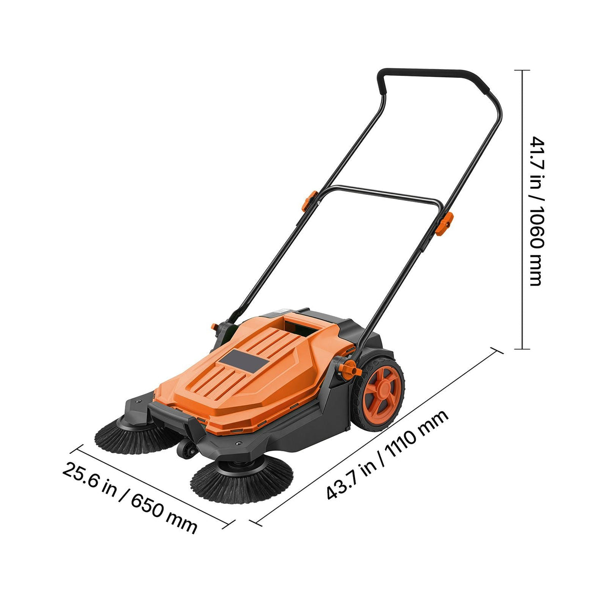Walk-Behind Hand Push Floor Sweeper, Manual Floor Sweeper Non-Electric with 25.6" Sweeping Width, 5 Gallons Waste Container & Adjustable Folding Handle for Yards Walkways Patios Garages - Orange