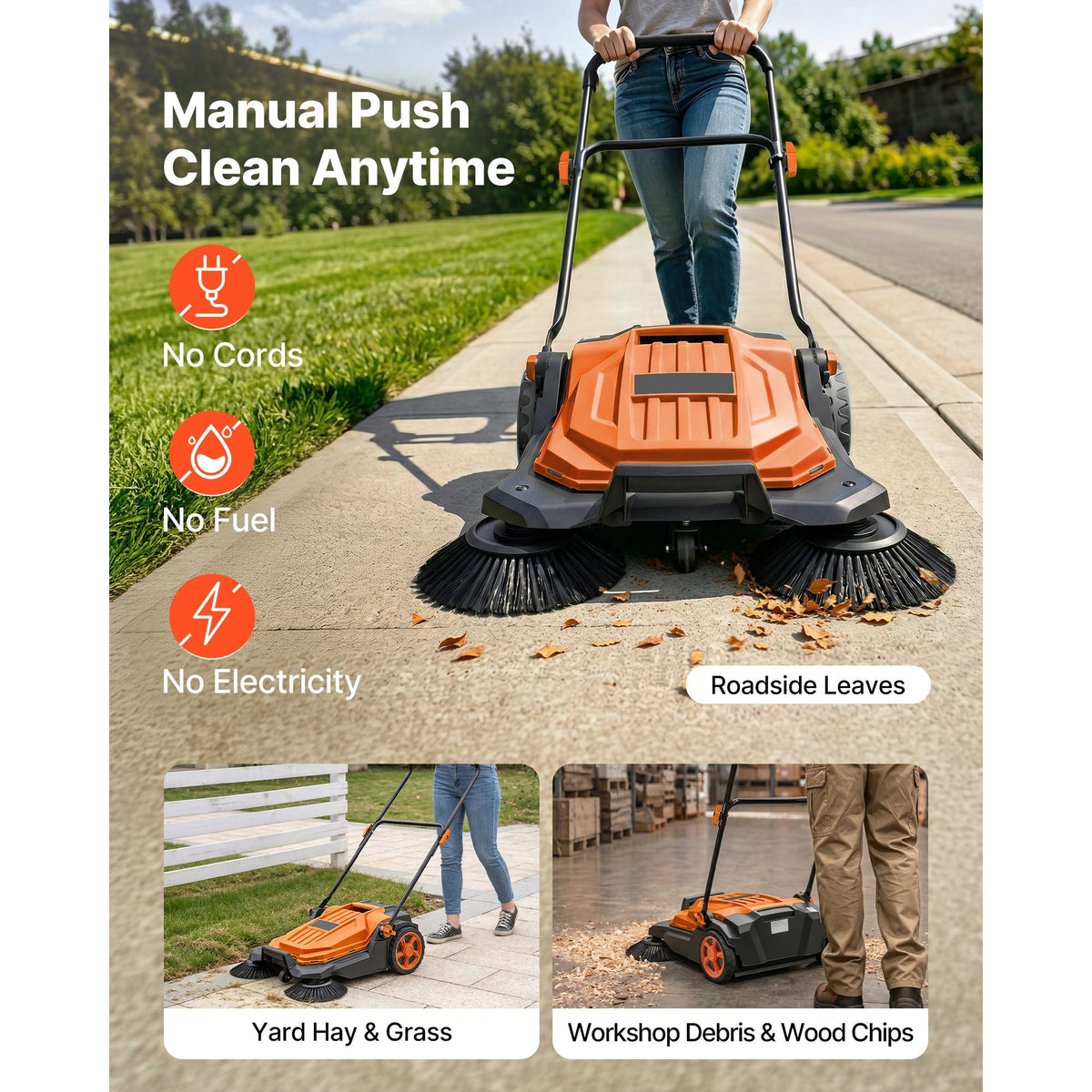 Walk-Behind Hand Push Floor Sweeper, Manual Floor Sweeper Non-Electric with 25.6" Sweeping Width, 5 Gallons Waste Container & Adjustable Folding Handle for Yards Walkways Patios Garages - Orange