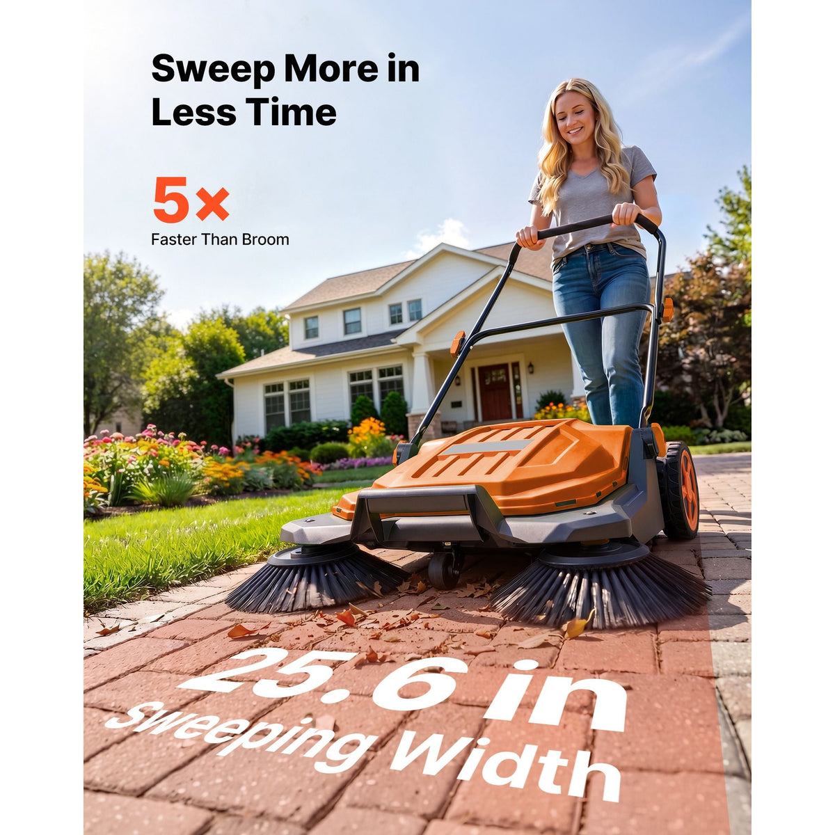 Walk-Behind Hand Push Floor Sweeper, Manual Floor Sweeper Non-Electric with 25.6" Sweeping Width, 5 Gallons Waste Container & Adjustable Folding Handle for Yards Walkways Patios Garages - Orange