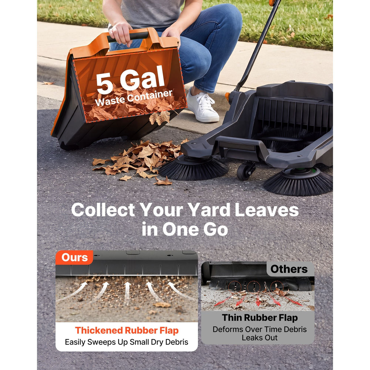 Walk-Behind Hand Push Floor Sweeper, Manual Floor Sweeper Non-Electric with 25.6" Sweeping Width, 5 Gallons Waste Container & Adjustable Folding Handle for Yards Walkways Patios Garages - Orange