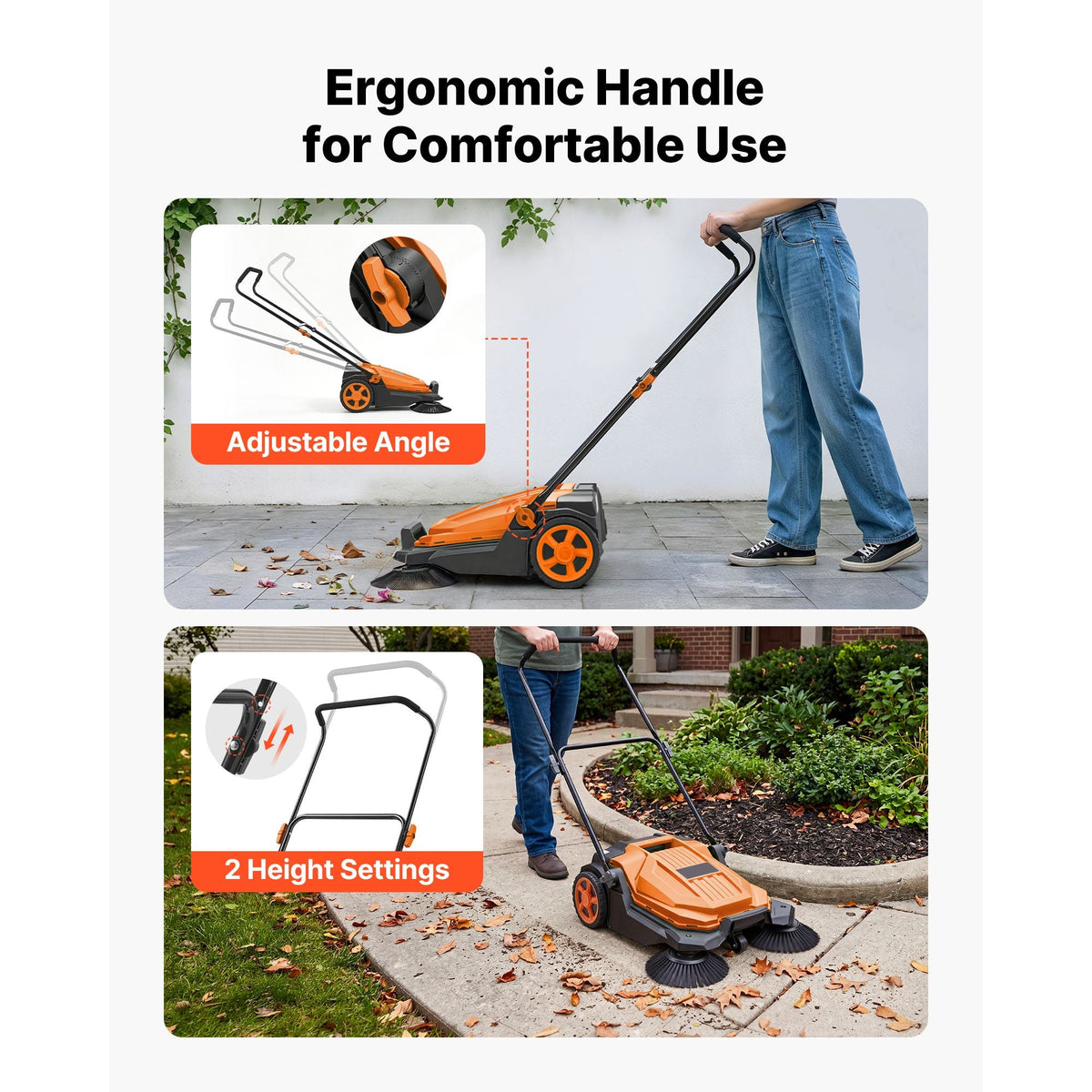 Walk-Behind Hand Push Floor Sweeper, Manual Floor Sweeper Non-Electric with 25.6" Sweeping Width, 5 Gallons Waste Container & Adjustable Folding Handle for Yards Walkways Patios Garages - Orange