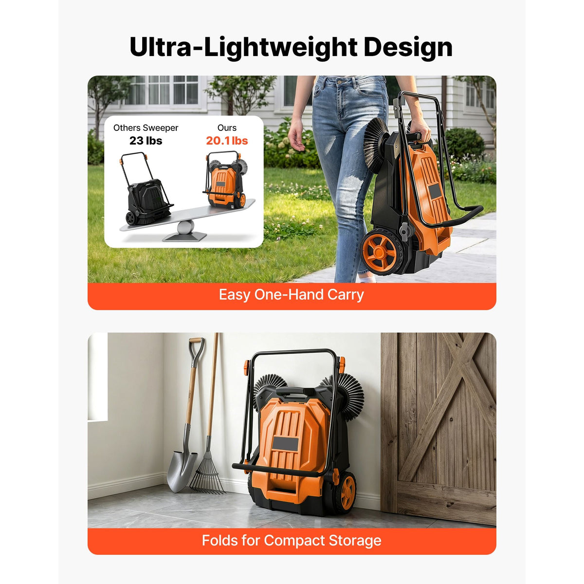 Walk-Behind Hand Push Floor Sweeper, Manual Floor Sweeper Non-Electric with 25.6" Sweeping Width, 5 Gallons Waste Container & Adjustable Folding Handle for Yards Walkways Patios Garages - Orange
