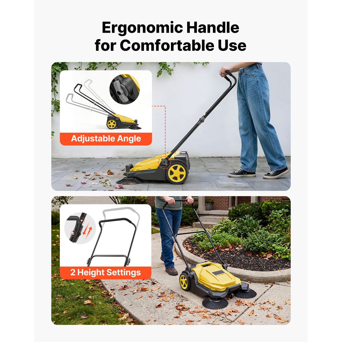 Walk-Behind Hand Push Floor Sweeper, Manual Floor Sweeper Non-Electric with 25.6" Sweeping Width, 5 Gallons Waste Container & Adjustable Folding Handle for Yards Walkways Patios Garages - Yellow